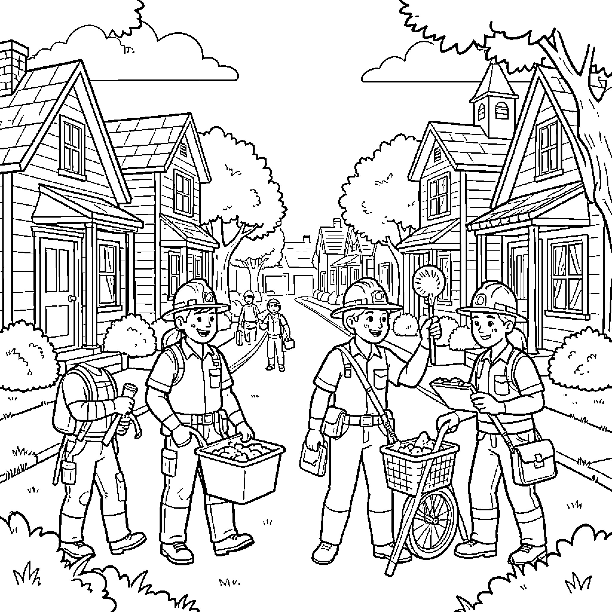 Helper characters working together on a residential street Coloring Page (free black-and-white line drawing printable PDF for all, from beginners to advanced learners, including children, teens, adults, and seniors)
