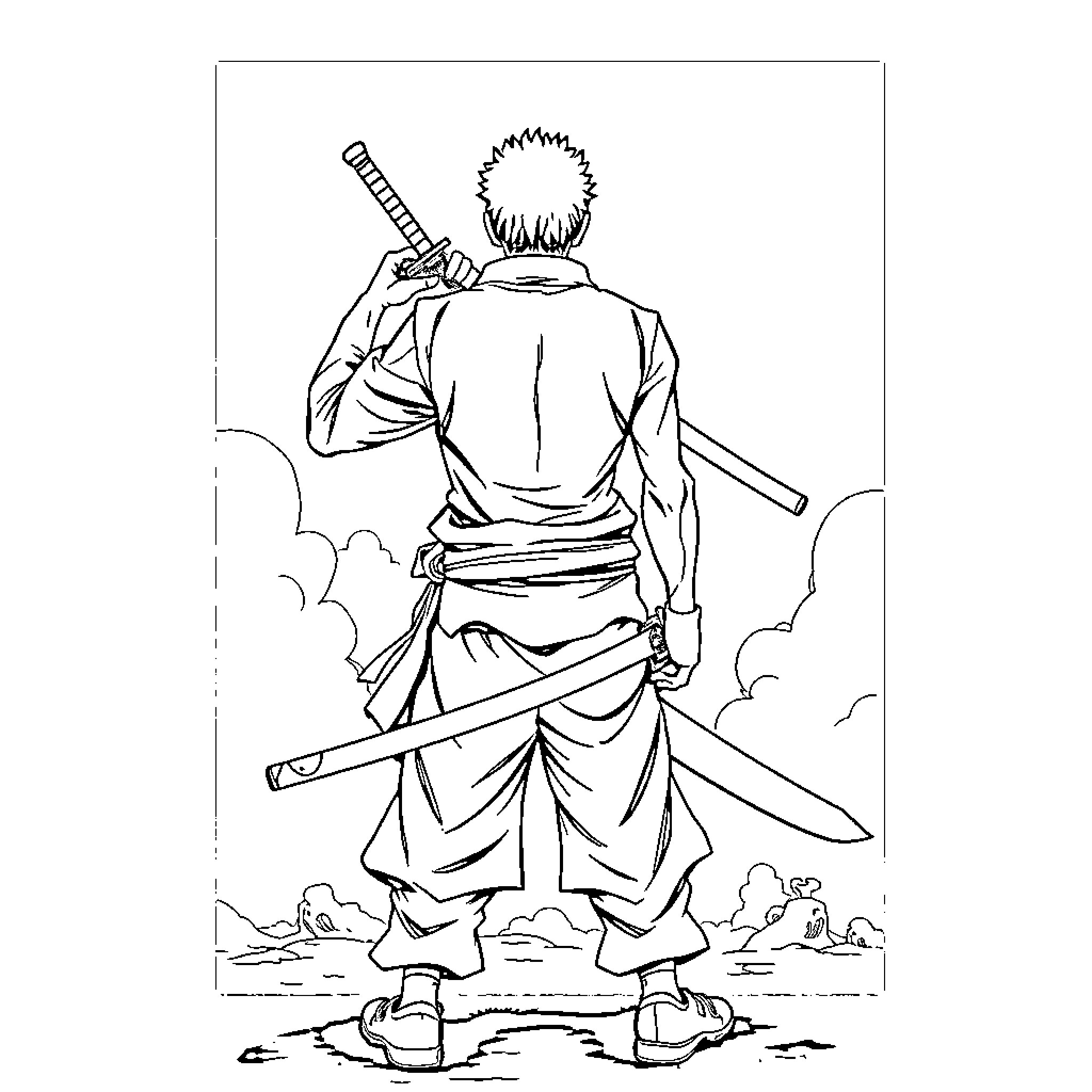 Roronoa - Warrior with Swords and Determination Coloring Page (free black-and-white line drawing printable PDF for all, from beginners to advanced learners, including children, teens, adults, and seniors)