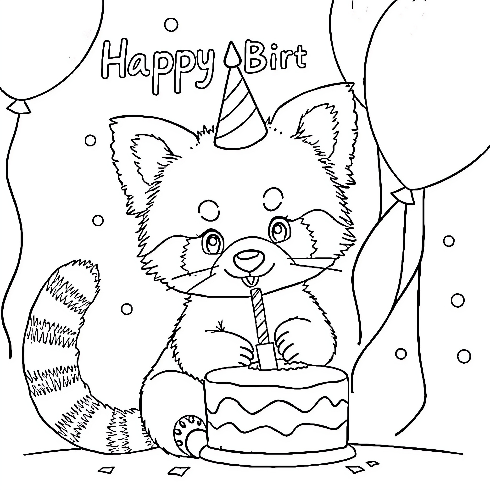 Panda celebrating a happy birthday Coloring Page (free black-and-white line drawing printable PDF for all, from beginners to advanced learners, including children, teens, adults, and seniors)