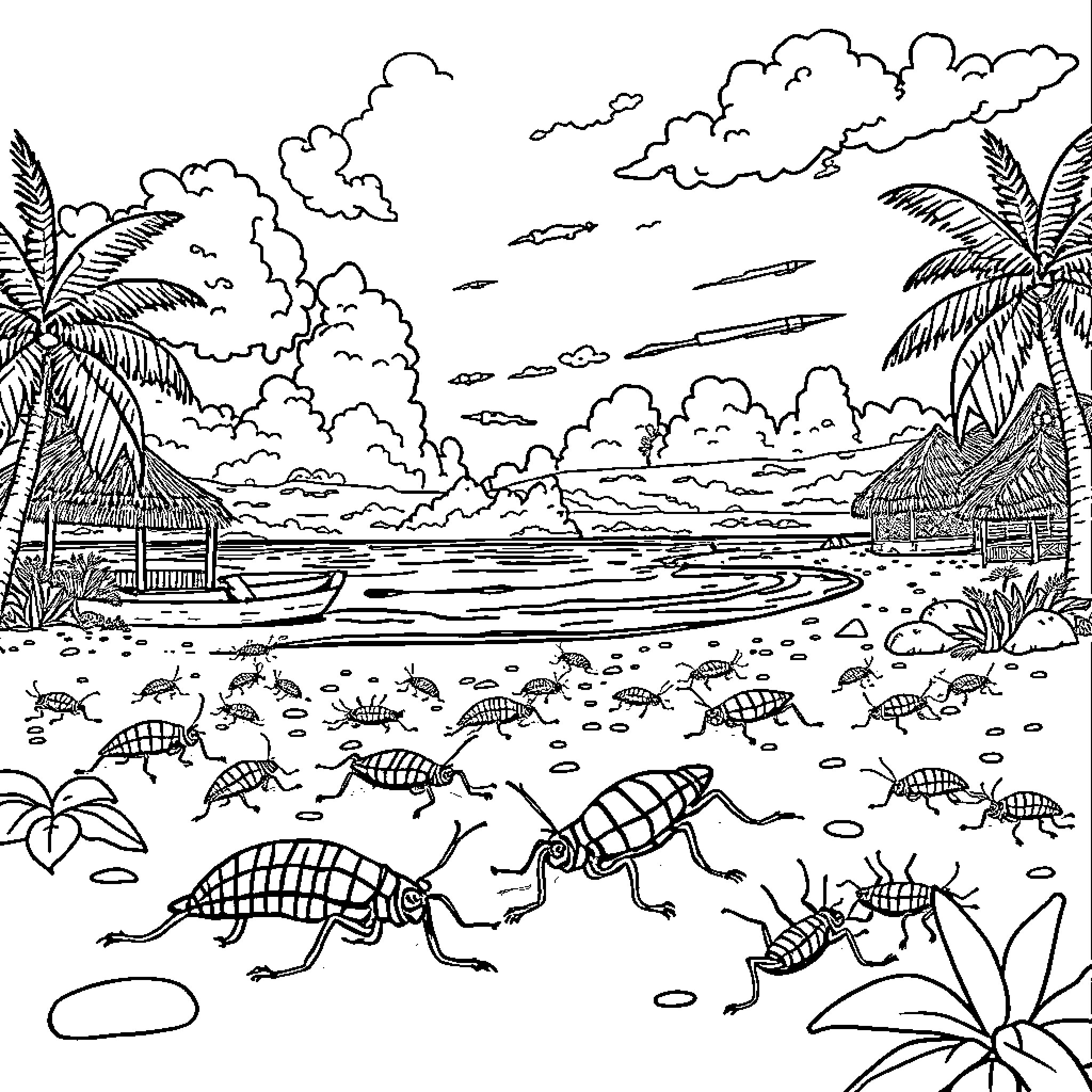 Roach Invasion at the Tropical Beach Coloring Page (free black-and-white line drawing printable PDF for all, from beginners to advanced learners, including children, teens, adults, and seniors)
