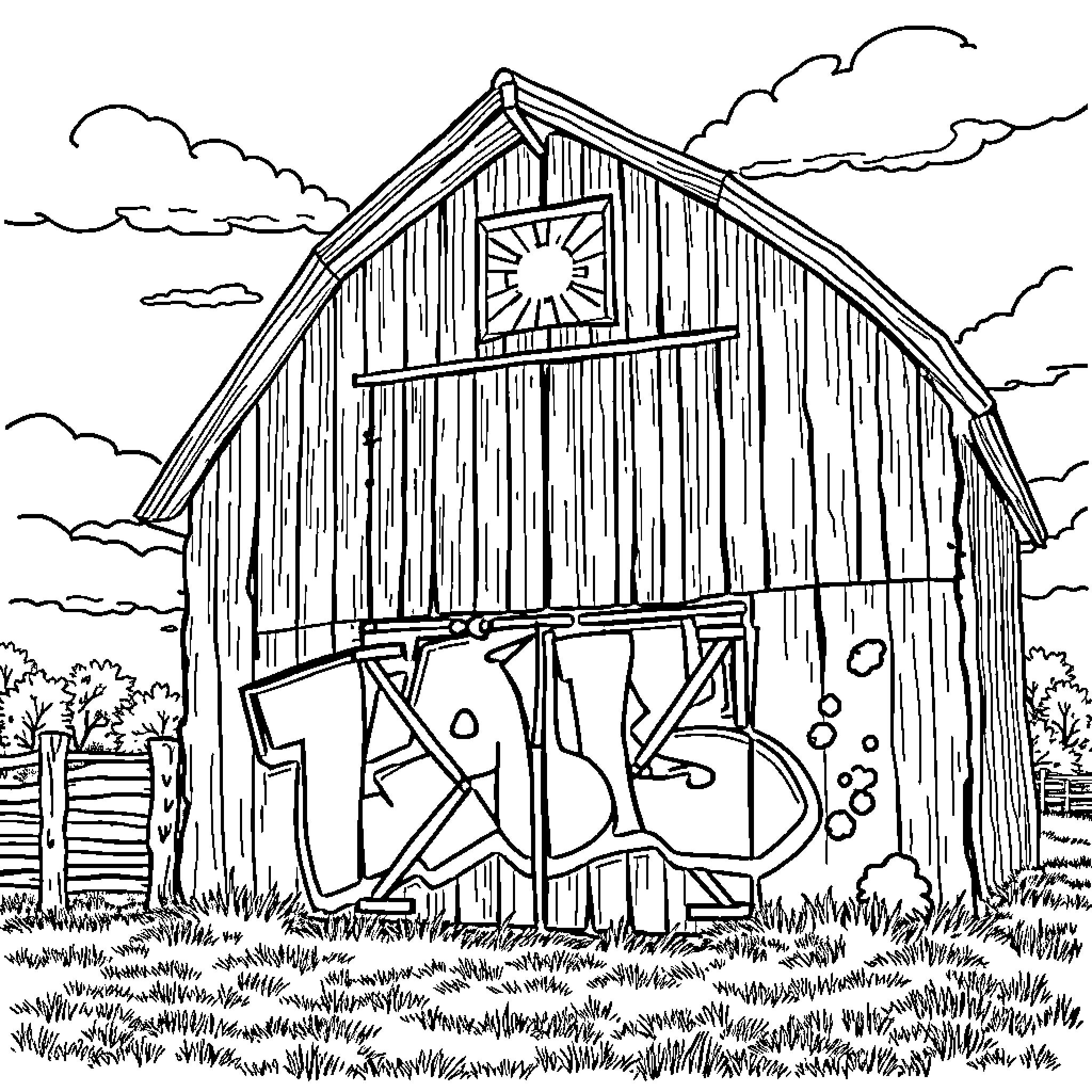 Graffiti on the Rustic Barn Wall Coloring Page (free black-and-white line drawing printable PDF for all, from beginners to advanced learners, including children, teens, adults, and seniors)
