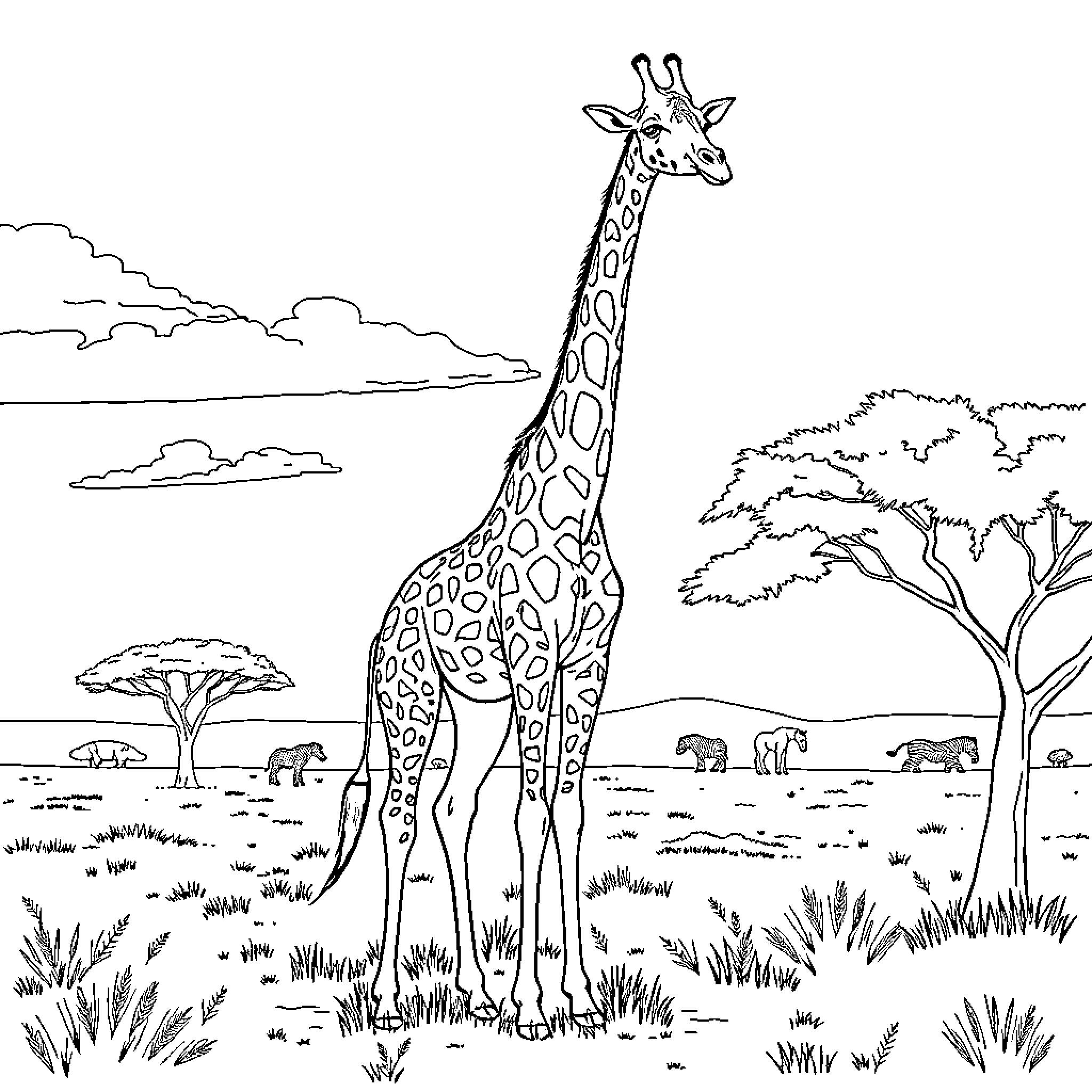 Giraffe in the African Savanna Coloring Page (free black-and-white line drawing printable PDF for all, from beginners to advanced learners, including children, teens, adults, and seniors)