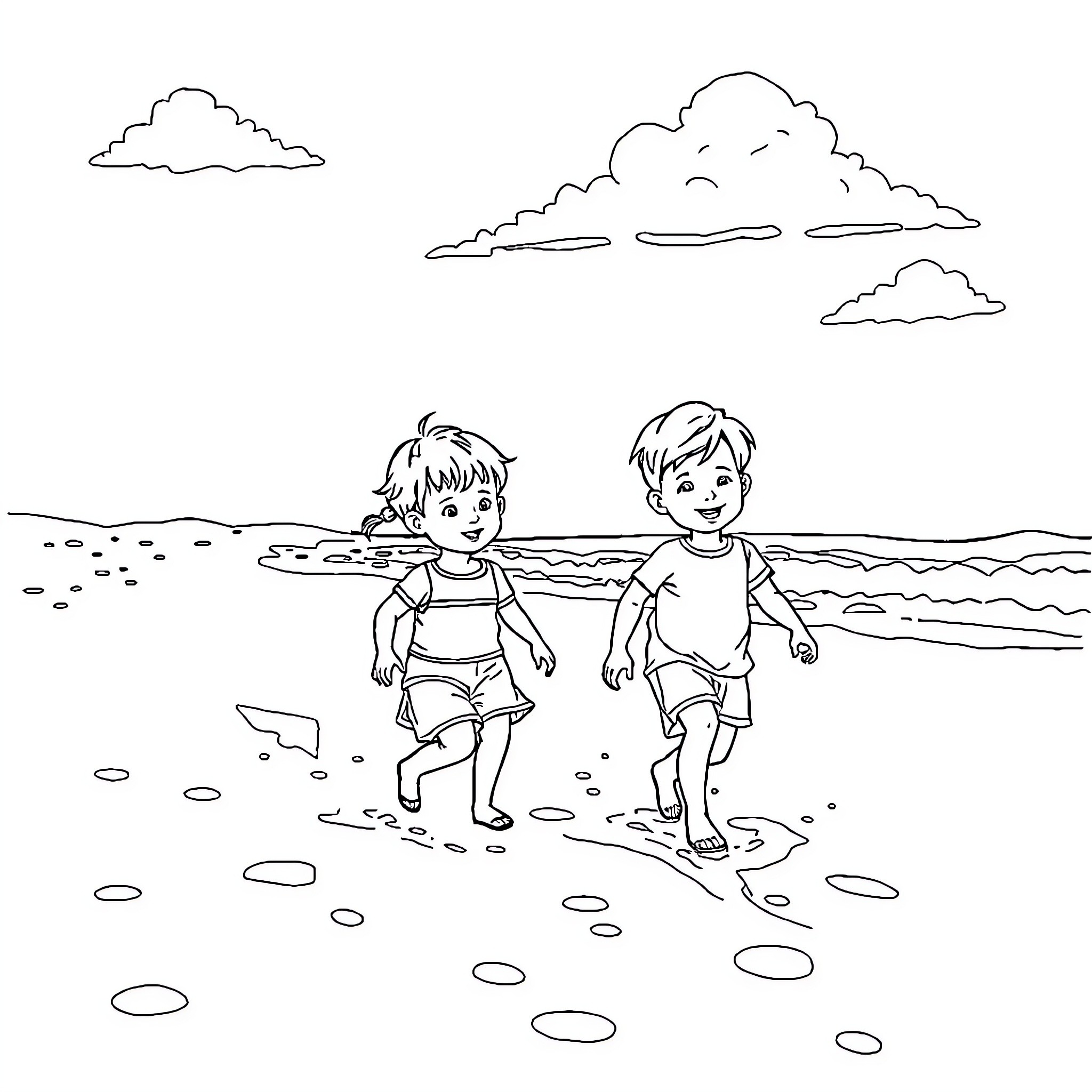 Child playing happily on the beach Coloring Page (free black-and-white line drawing printable PDF for all, from beginners to advanced learners, including children, teens, adults, and seniors)