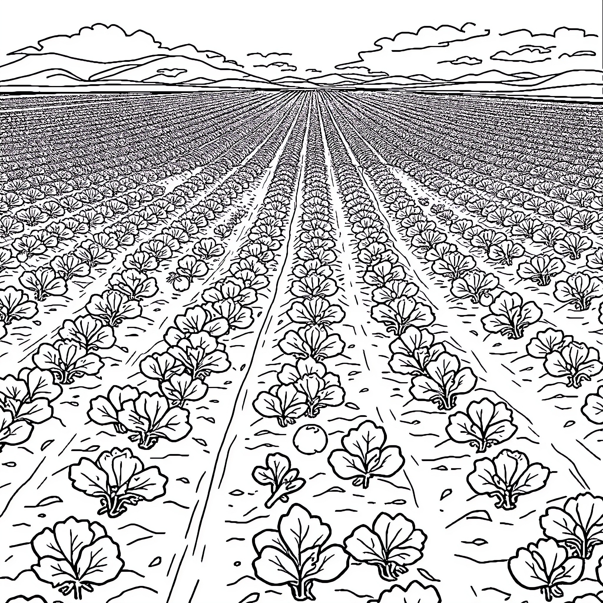Potato field with lush vegetation and cloudy sky Coloring Page (free black-and-white line drawing printable PDF for all, from beginners to advanced learners, including children, teens, adults, and seniors)