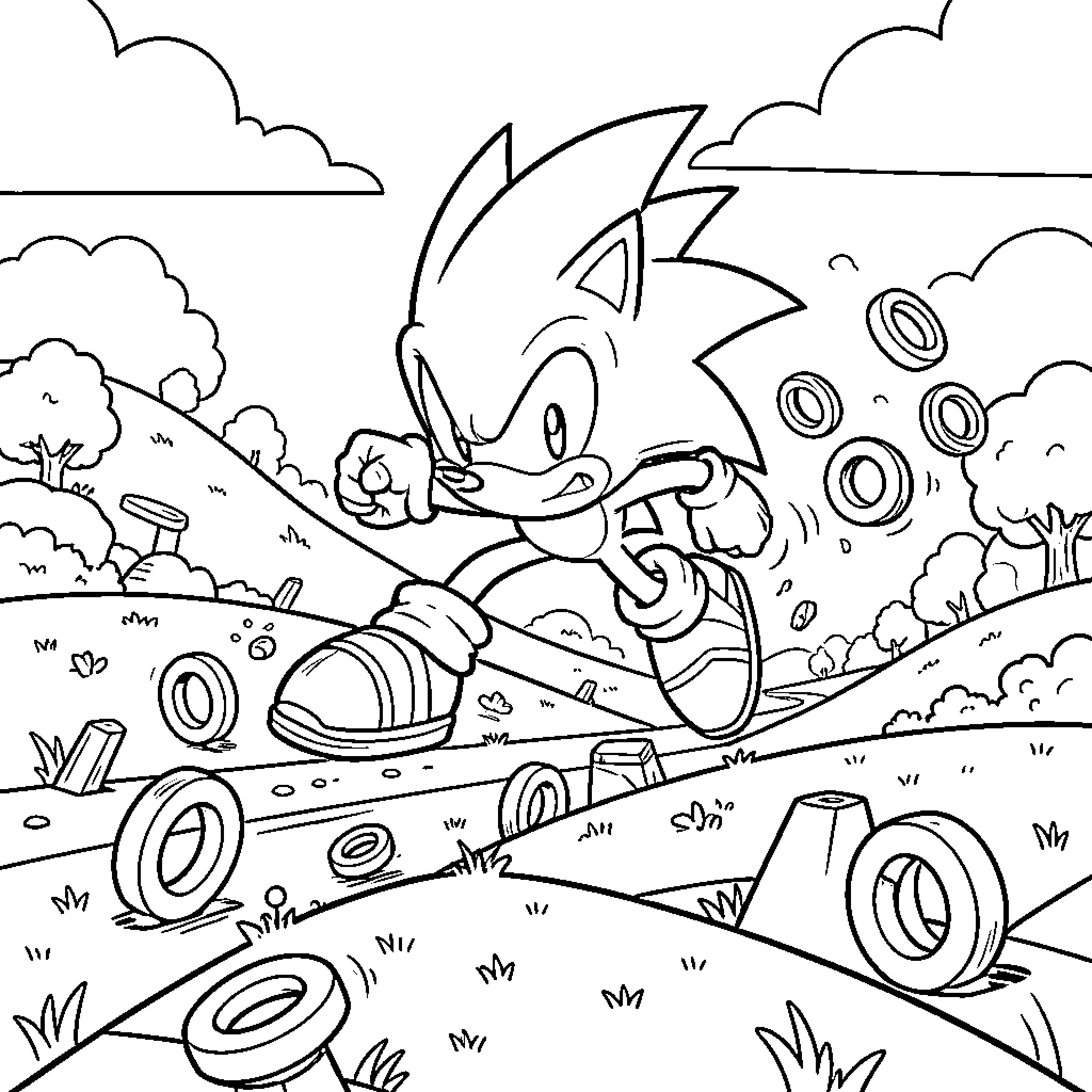 Sonic running fast through a grassy landscape Coloring Page (free black-and-white line drawing printable PDF for all, from beginners to advanced learners, including children, teens, adults, and seniors)