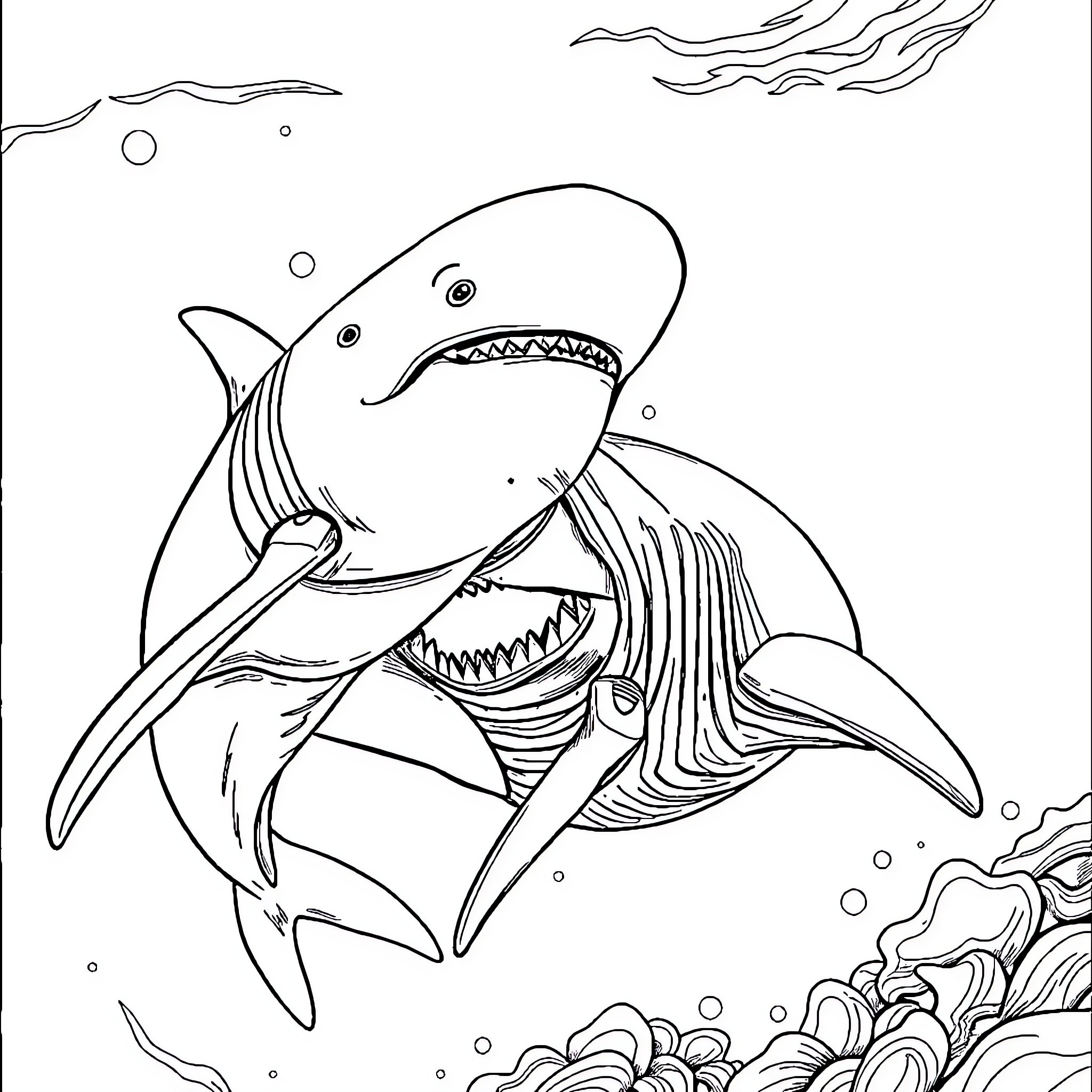 Hammerhead Shark swimming with wide open mouth Coloring Page (free black-and-white line drawing printable PDF for all, from beginners to advanced learners, including children, teens, adults, and seniors)