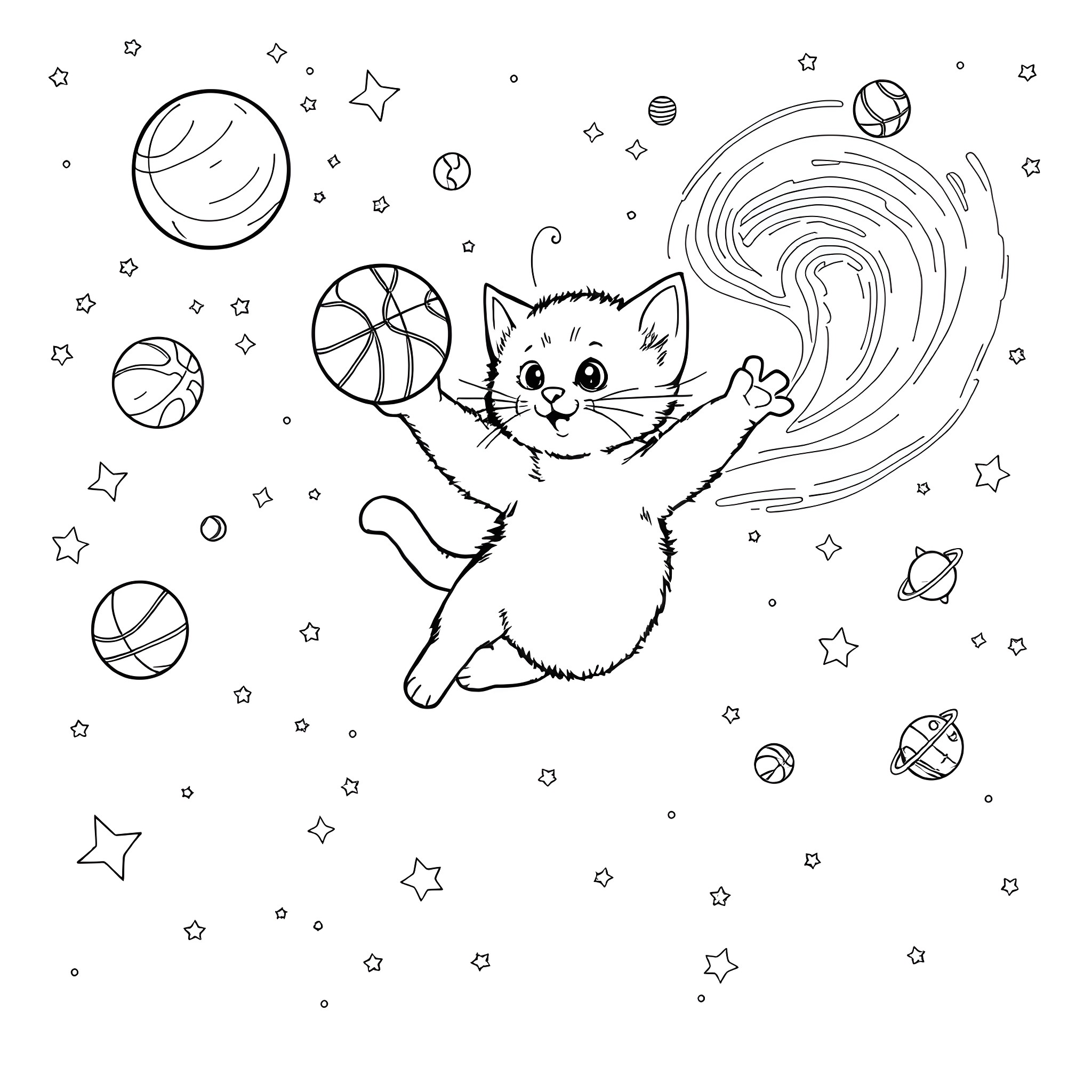 Kitten playing joyfully with various toys and stars Coloring Page (free black-and-white line drawing printable PDF for all, from beginners to advanced learners, including children, teens, adults, and seniors)
