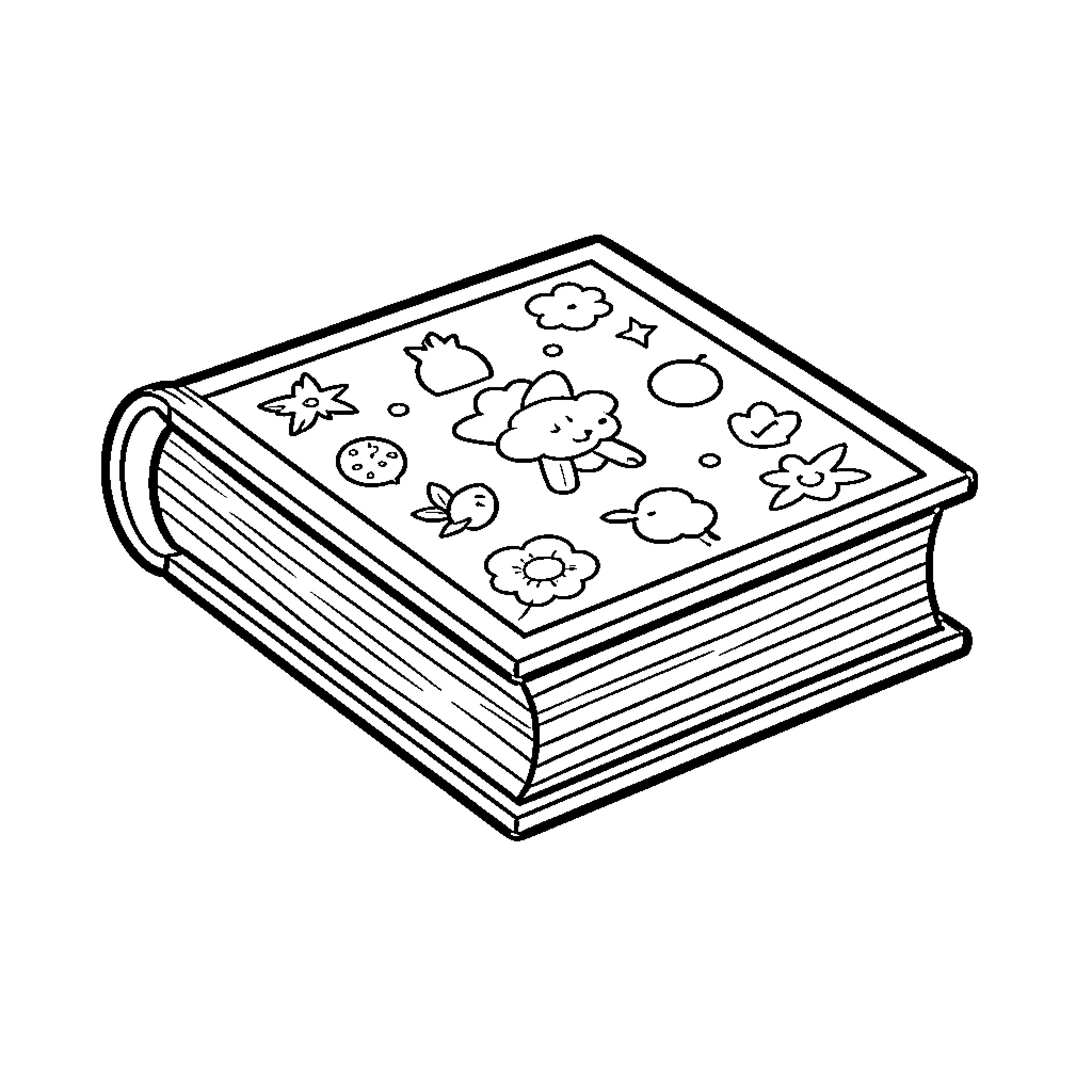 Book with Whimsical Illustrations Coloring Page (free black-and-white line drawing printable PDF for all, from beginners to advanced learners, including children, teens, adults, and seniors)