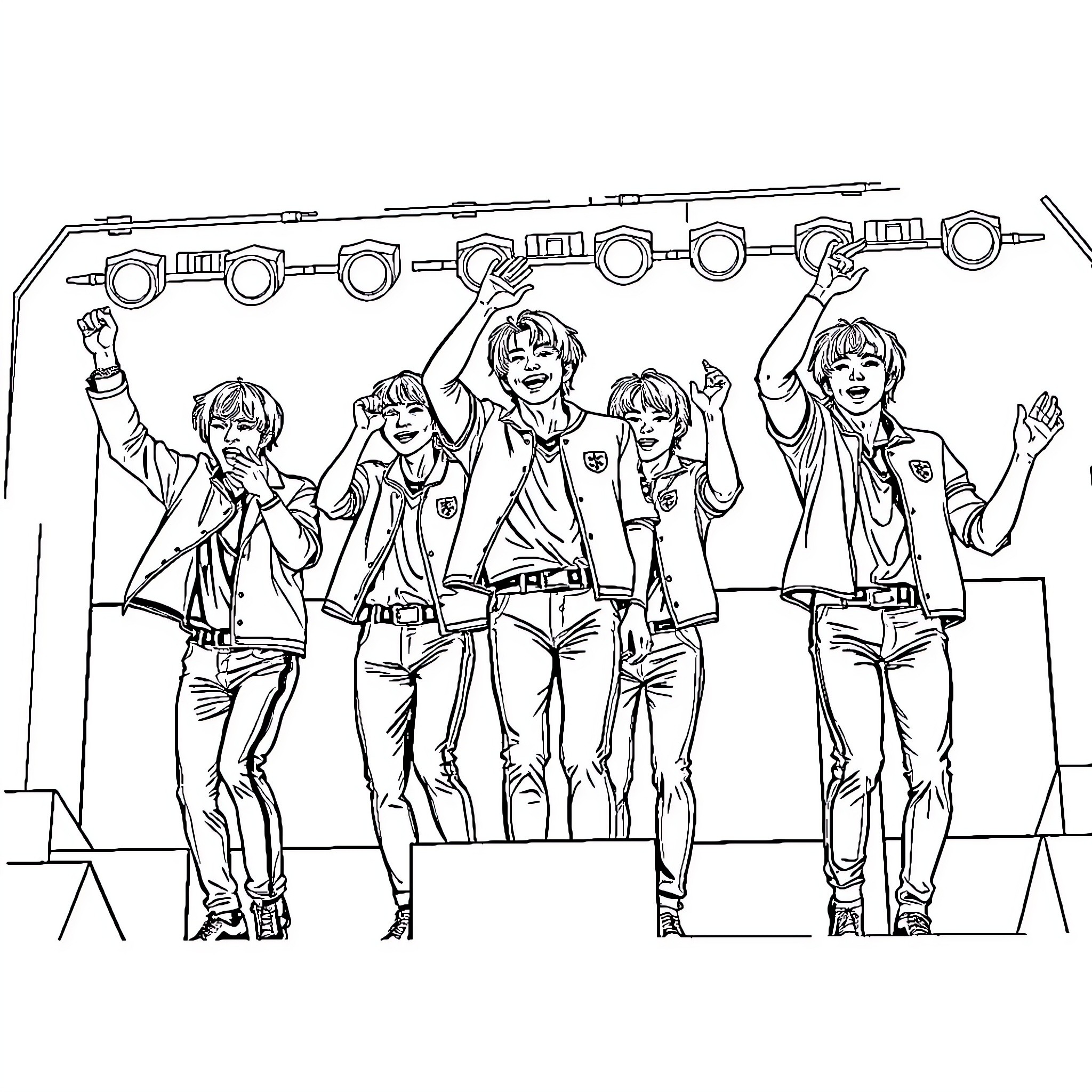 Stray Kids on Stage Performing Energetically Coloring Page (free black-and-white line drawing printable PDF for all, from beginners to advanced learners, including children, teens, adults, and seniors)