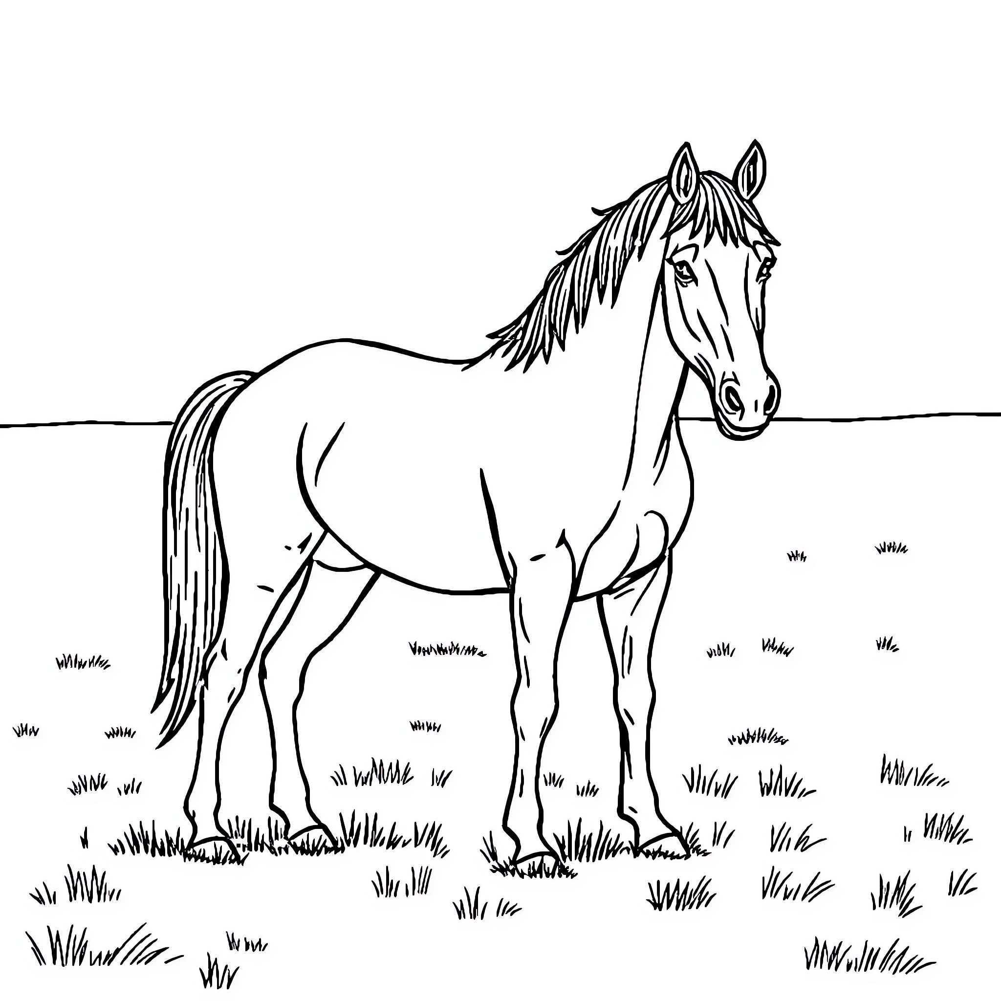Horse standing majestically in a grassy field Coloring Page (free black-and-white line drawing printable PDF for all, from beginners to advanced learners, including children, teens, adults, and seniors)