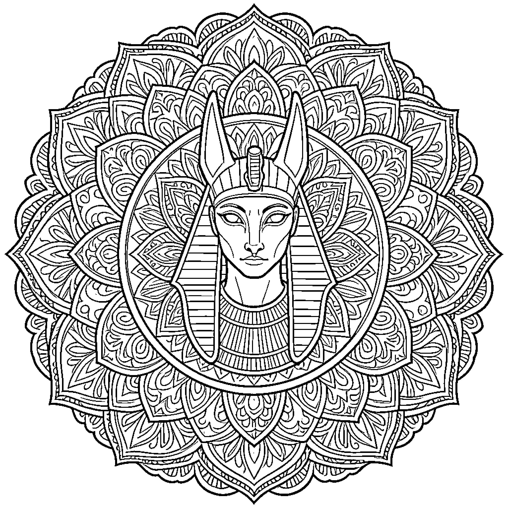 Anubis wearing a traditional headdress within a mandala Coloring Page (free black-and-white line drawing printable PDF for all, from beginners to advanced learners, including children, teens, adults, and seniors)