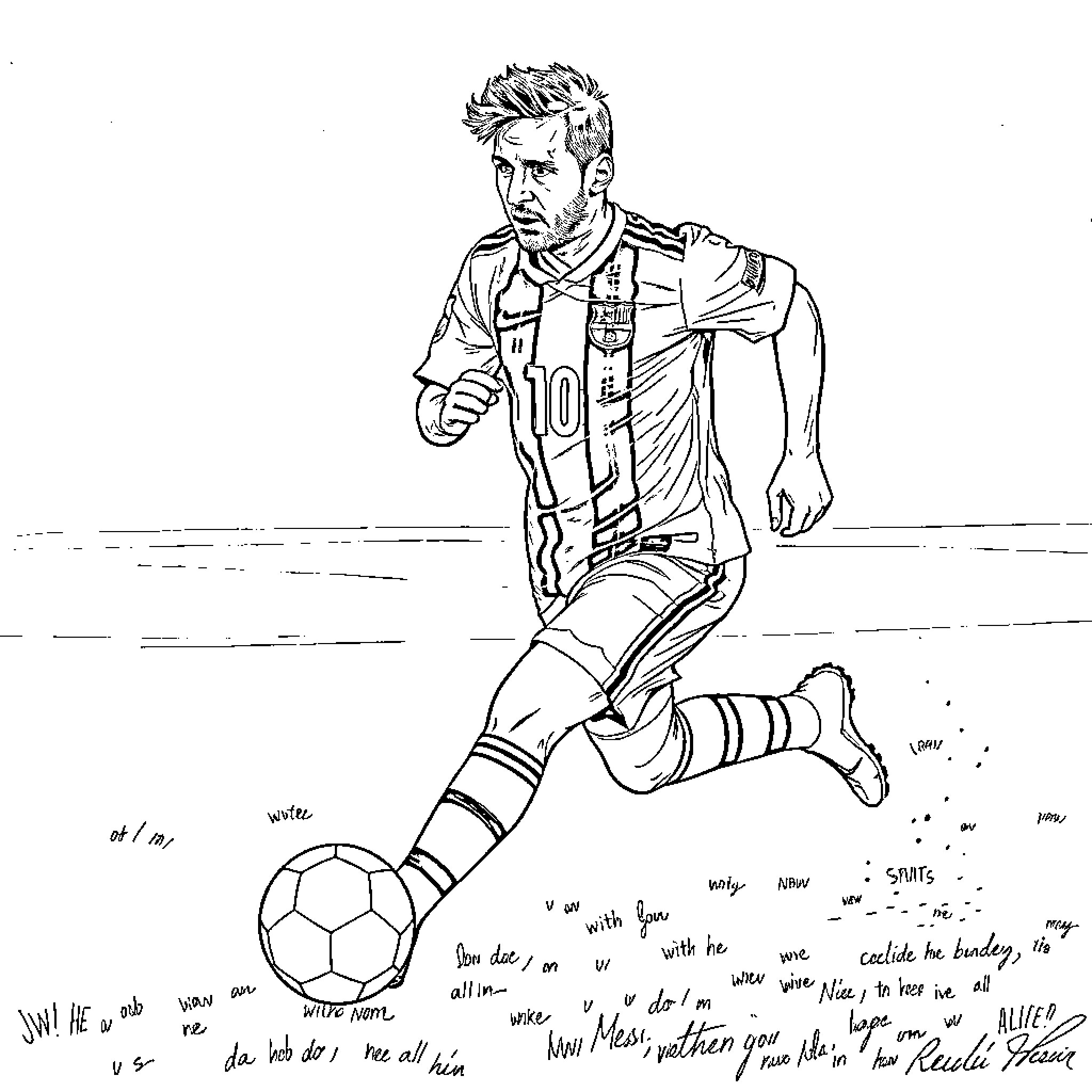 Messi Dribbling with Determination on the Pitch Coloring Page (free black-and-white line drawing printable PDF for all, from beginners to advanced learners, including children, teens, adults, and seniors)