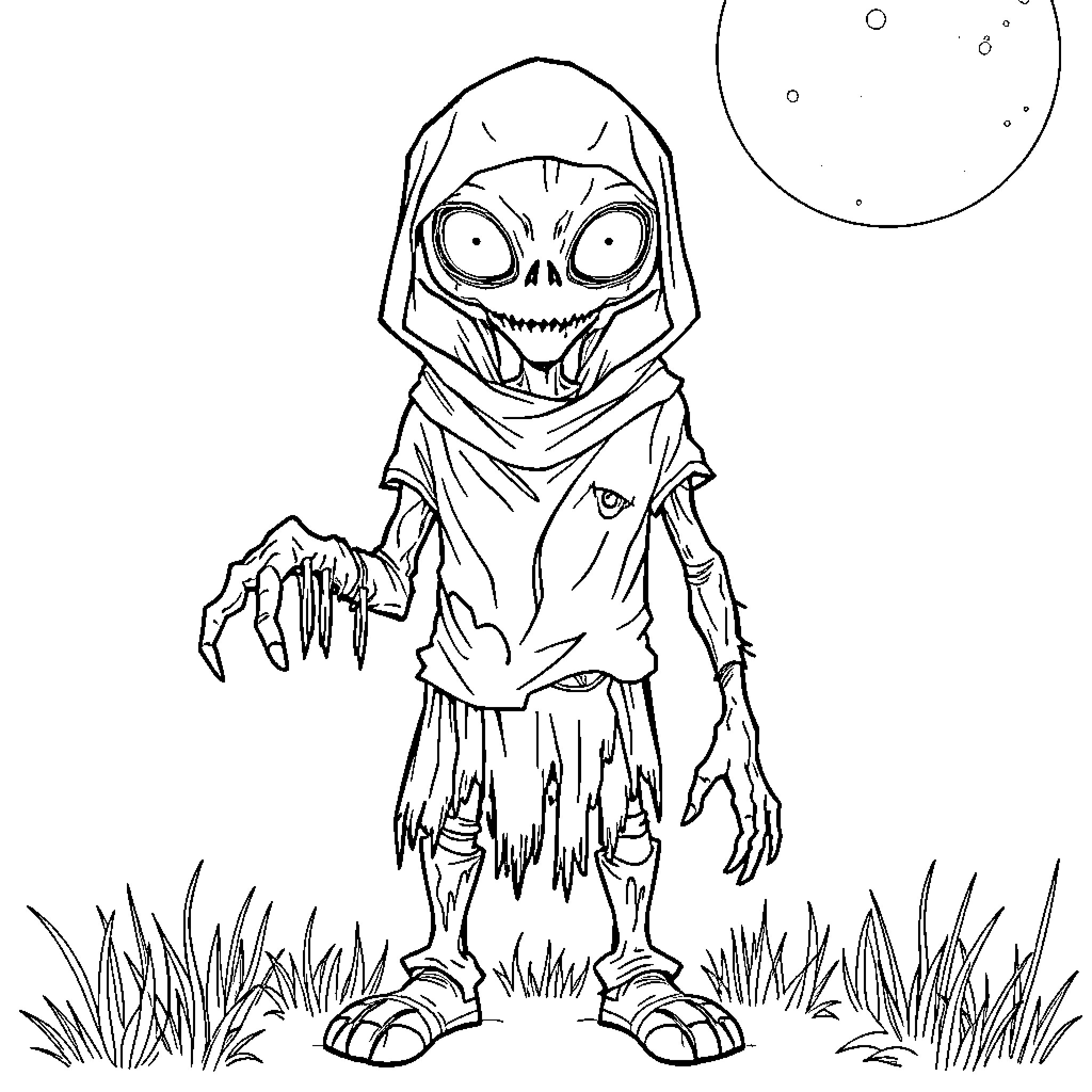 Zombie Creature with Menacing Appearance in the Moonlight Coloring Page (free black-and-white line drawing printable PDF for all, from beginners to advanced learners, including children, teens, adults, and seniors)