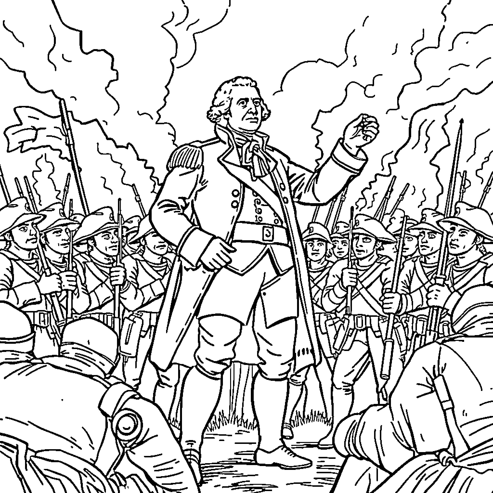 George Washington Leading Revolutionary War Soldiers in Battle Coloring Page (free black-and-white line drawing printable PDF for all, from beginners to advanced learners, including children, teens, adults, and seniors)