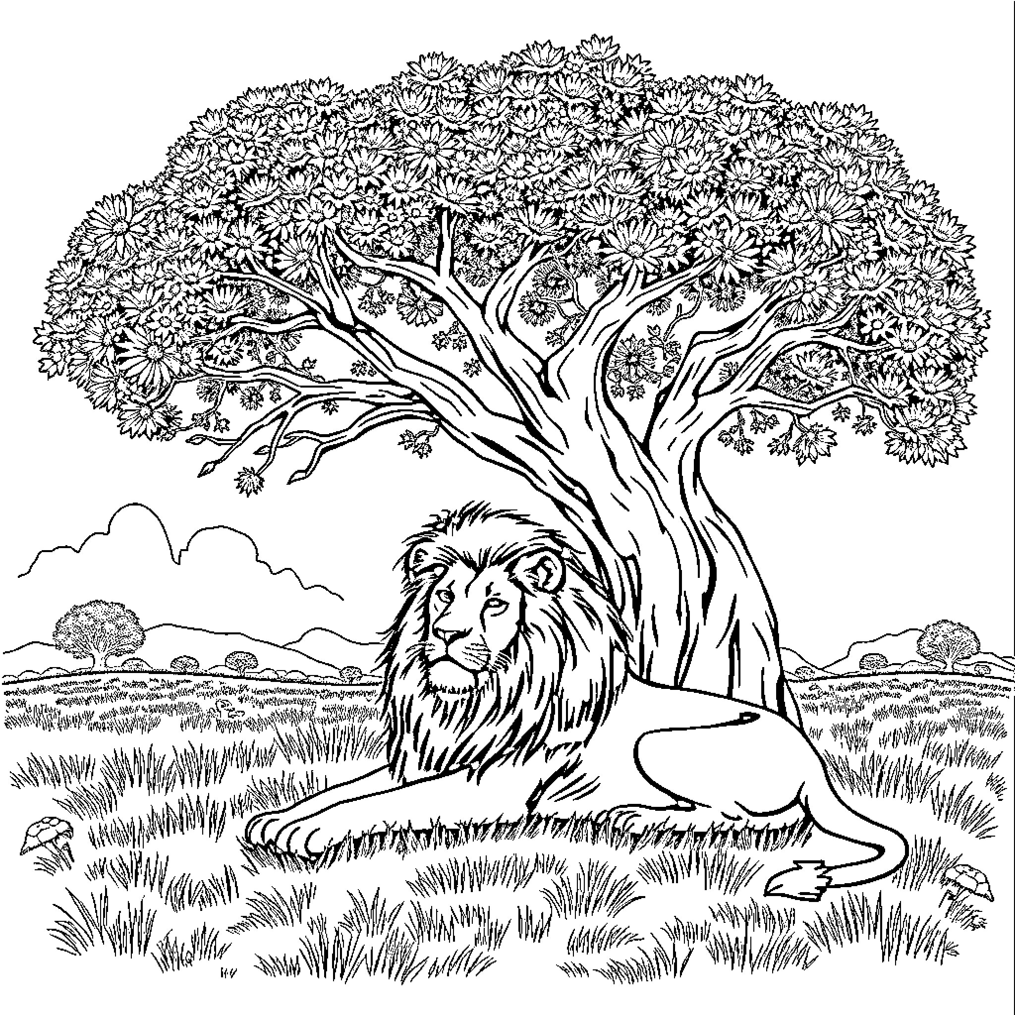 Lion resting peacefully under a large tree Coloring Page (free black-and-white line drawing printable PDF for all, from beginners to advanced learners, including children, teens, adults, and seniors)