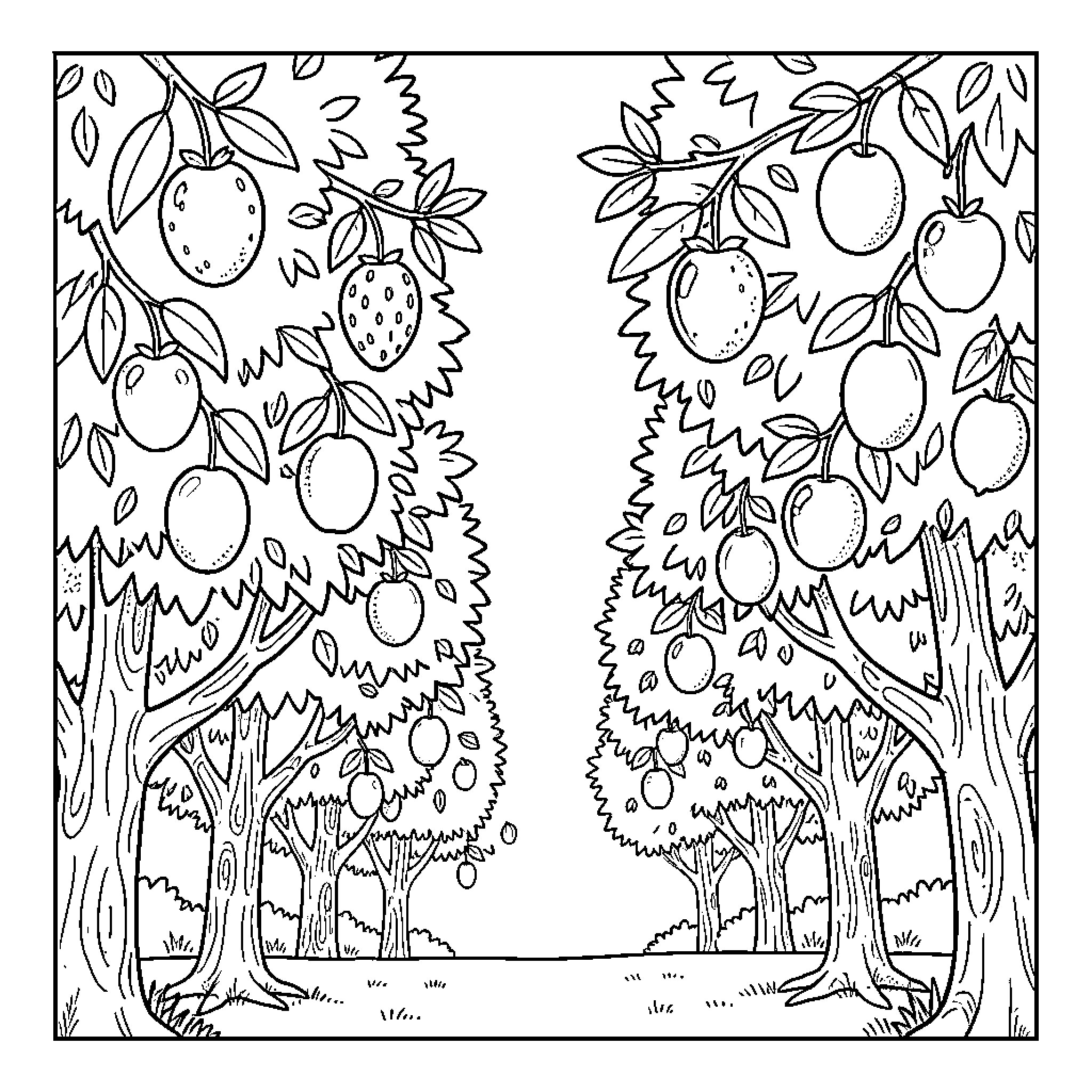 Fruit-filled Trees in Lush Garden Coloring Page (free black-and-white line drawing printable PDF for all, from beginners to advanced learners, including children, teens, adults, and seniors)