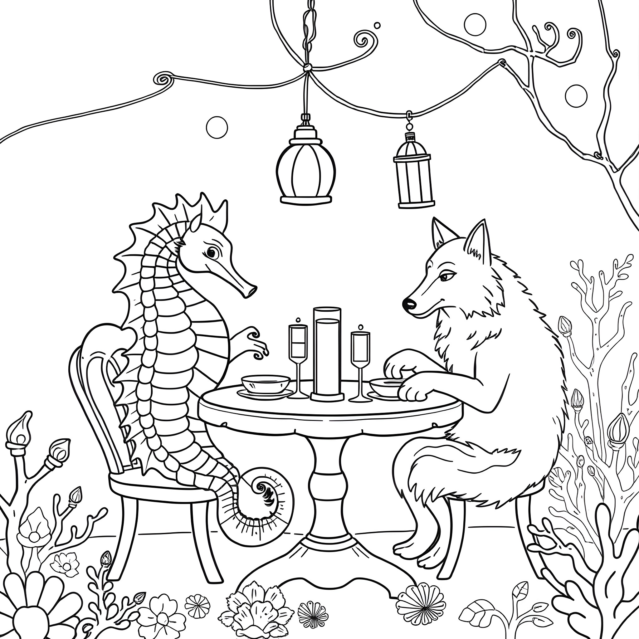 Seahorse and Wolf Sharing Dining Lanterns in the Garden Coloring Page (free black-and-white line drawing printable PDF for all, from beginners to advanced learners, including children, teens, adults, and seniors)