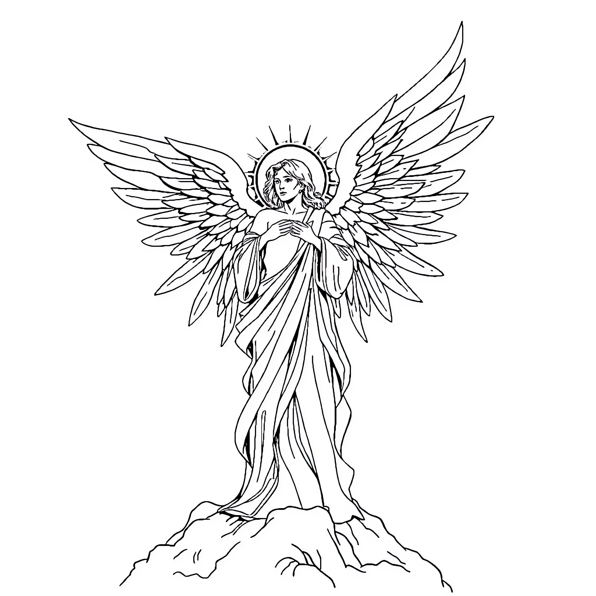 Angel with Outstretched Wings Standing on a Mountaintop Coloring Page (free black-and-white line drawing printable PDF for all, from beginners to advanced learners, including children, teens, adults, and seniors)