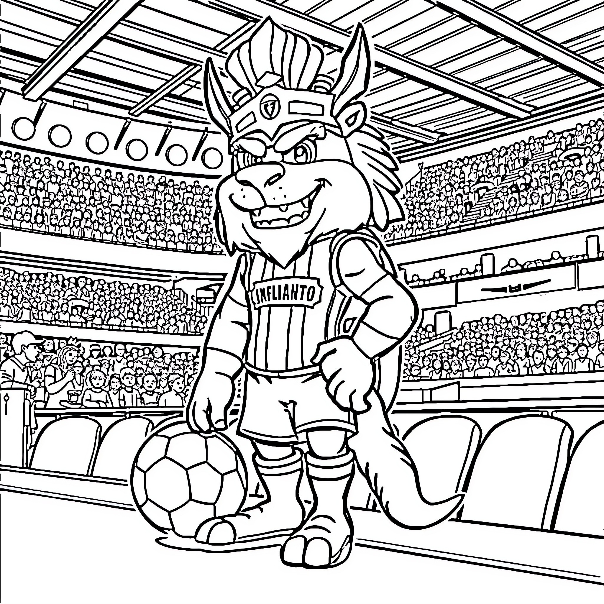 Invictus: Mascot's Victorious Pose on the Pitch Coloring Page (free black-and-white line drawing printable PDF for all, from beginners to advanced learners, including children, teens, adults, and seniors)