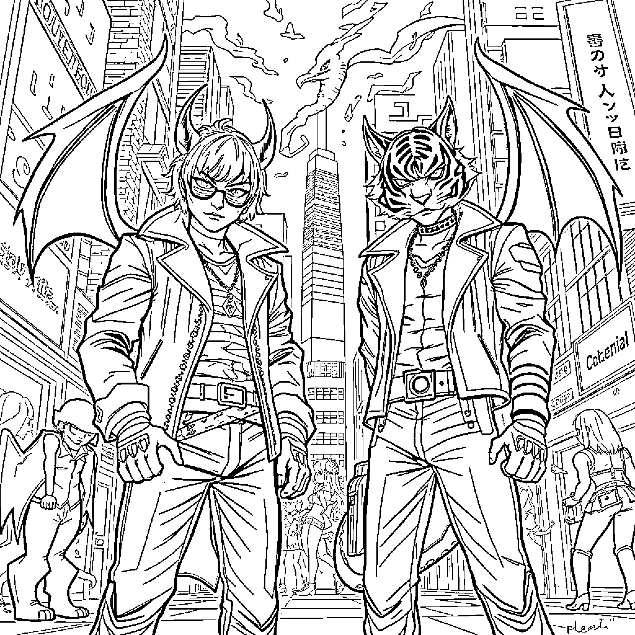 Demon Hunters in Action-Packed City Adventure Coloring Page (free black-and-white line drawing printable PDF for all, from beginners to advanced learners, including children, teens, adults, and seniors)