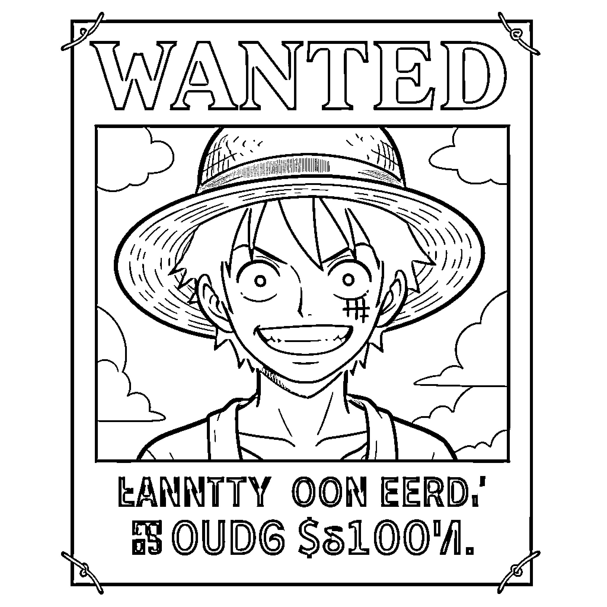 Luffy smiling inside a wanted poster frame Coloring Page (free black-and-white line drawing printable PDF for all, from beginners to advanced learners, including children, teens, adults, and seniors)