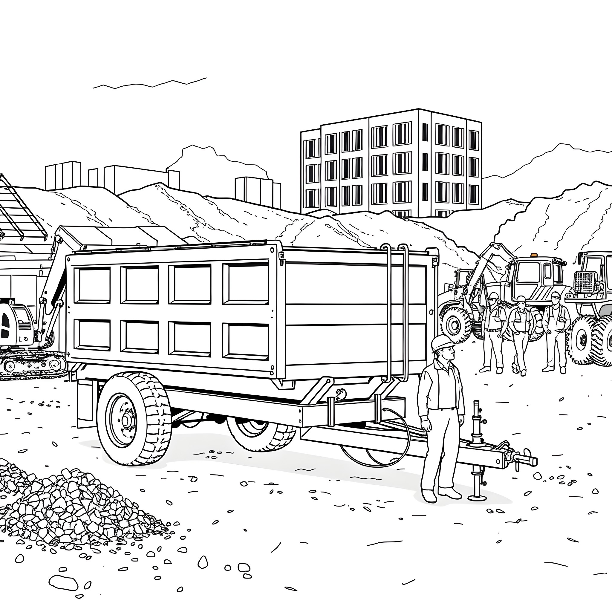 Dump Trailer Unloading at Construction Site Coloring Page (free black-and-white line drawing printable PDF for all, from beginners to advanced learners, including children, teens, adults, and seniors)