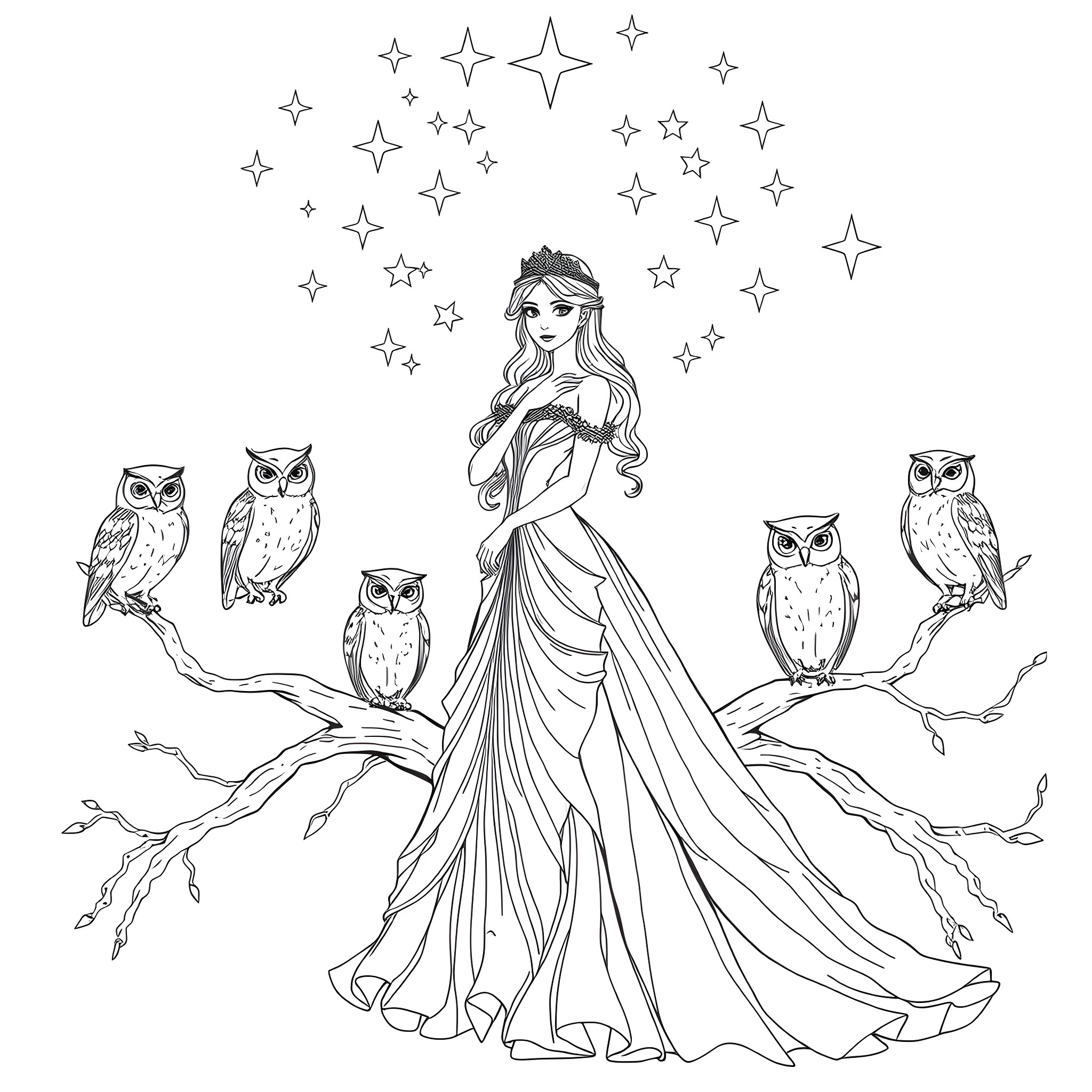 Princess Surrounded by Enchanting Owls and Sparkling Stars Coloring Page (free black-and-white line drawing printable PDF for all, from beginners to advanced learners, including children, teens, adults, and seniors)