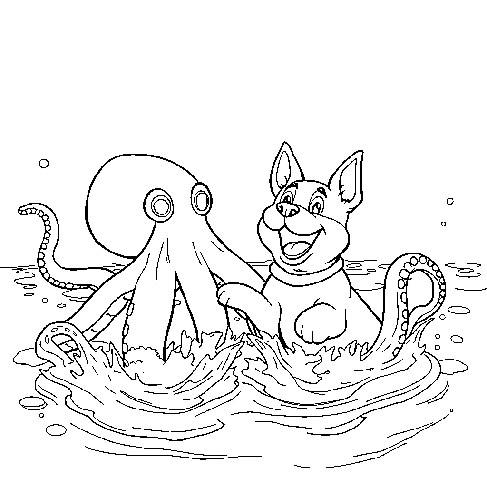 Shipperke playing joyfully with octopus in the ocean Coloring Page (free black-and-white line drawing printable PDF for all, from beginners to advanced learners, including children, teens, adults, and seniors)