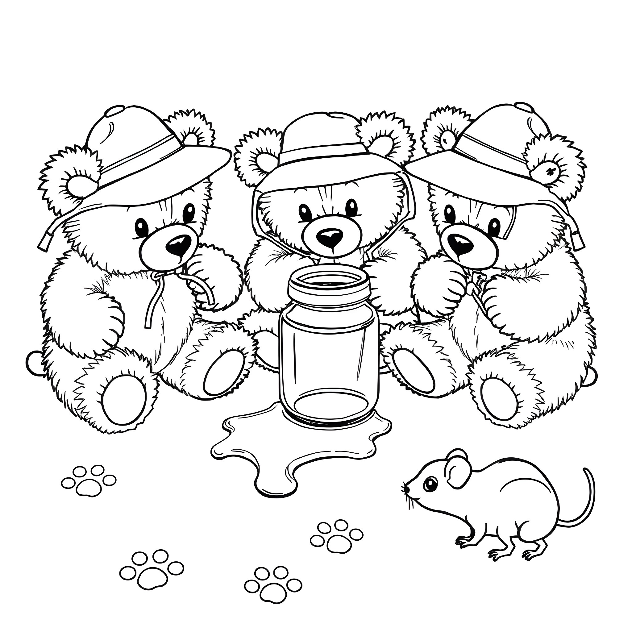 Teddy Bears Holding Jar Sharing Honey with Mouse Coloring Page (free black-and-white line drawing printable PDF for all, from beginners to advanced learners, including children, teens, adults, and seniors)