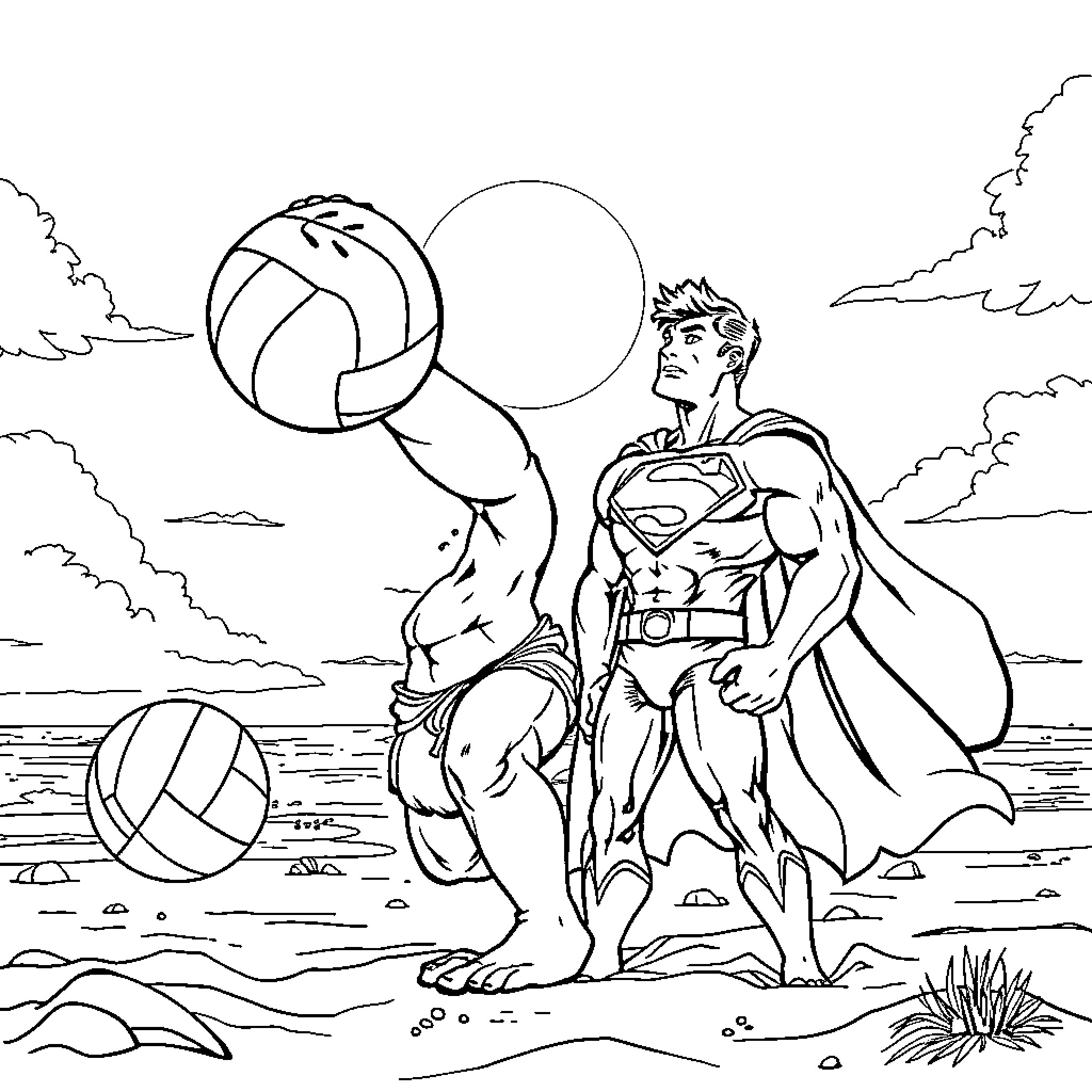 Hulk superhero playing volleyball on the beach Coloring Page (free black-and-white line drawing printable PDF for all, from beginners to advanced learners, including children, teens, adults, and seniors)