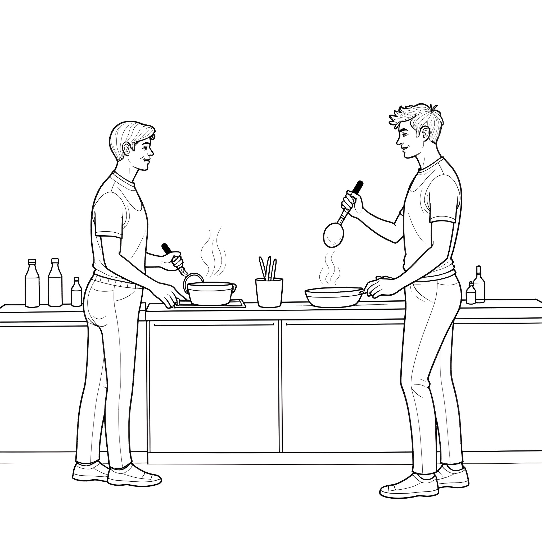 Couple cooking together in the kitchen Coloring Page (free black-and-white line drawing printable PDF for all, from beginners to advanced learners, including children, teens, adults, and seniors)