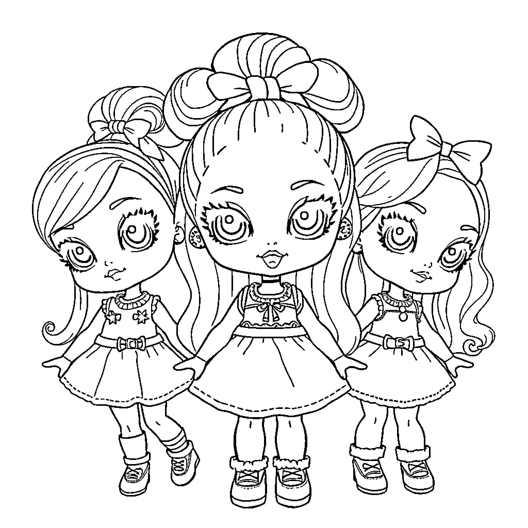 Bratz Dolls in Whimsical Outfits and Expressions Coloring Page (free black-and-white line drawing printable PDF for all, from beginners to advanced learners, including children, teens, adults, and seniors)