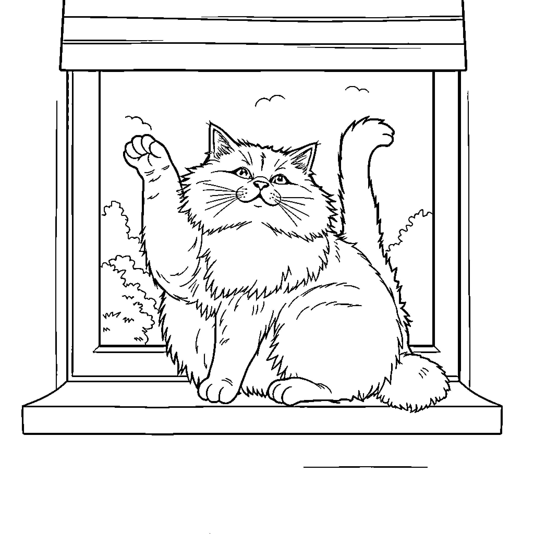 Cat peering curiously through window Coloring Page (free black-and-white line drawing printable PDF for all, from beginners to advanced learners, including children, teens, adults, and seniors)