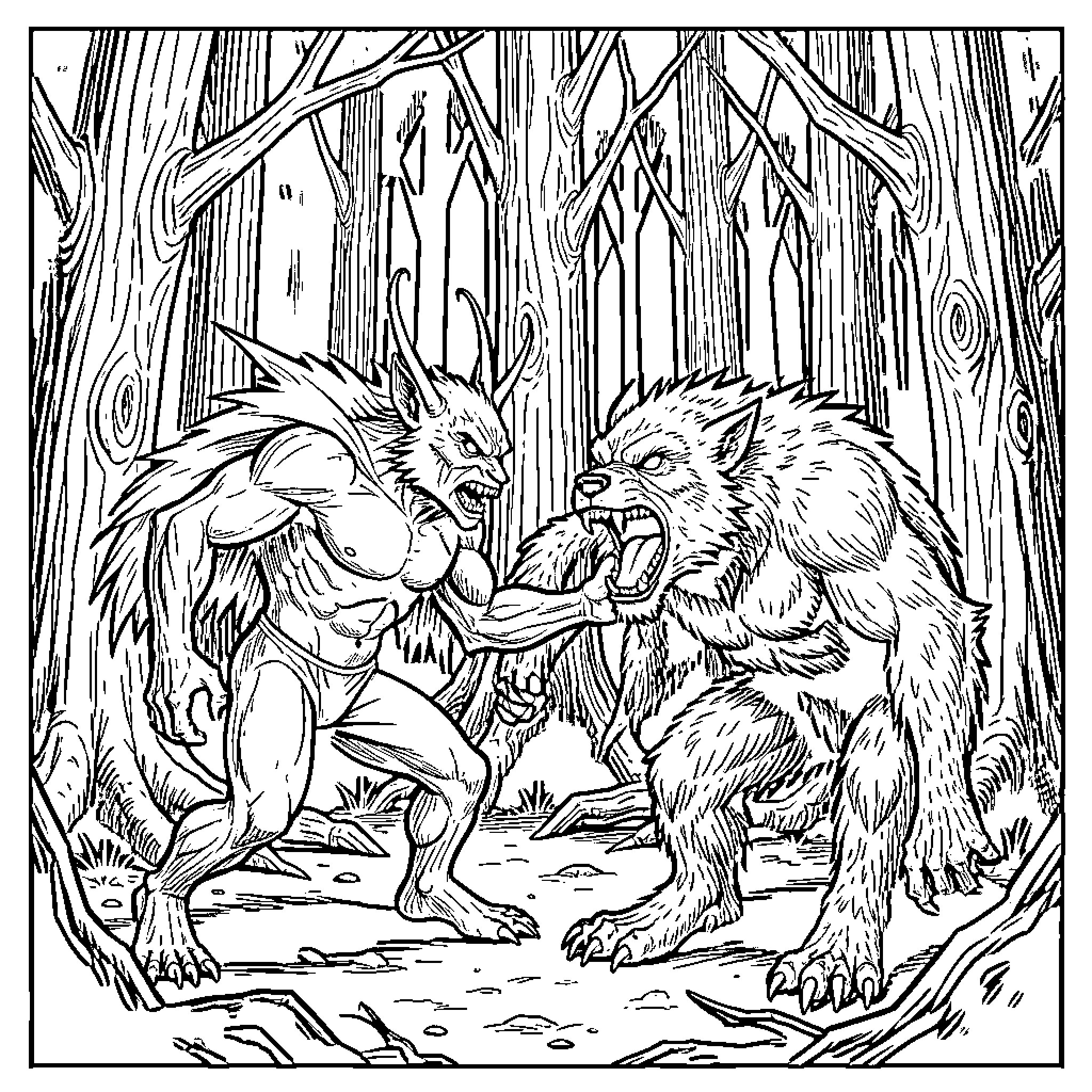 Jersey Devil fighting with a werewolf in the forest Coloring Page (free black-and-white line drawing printable PDF for all, from beginners to advanced learners, including children, teens, adults, and seniors)