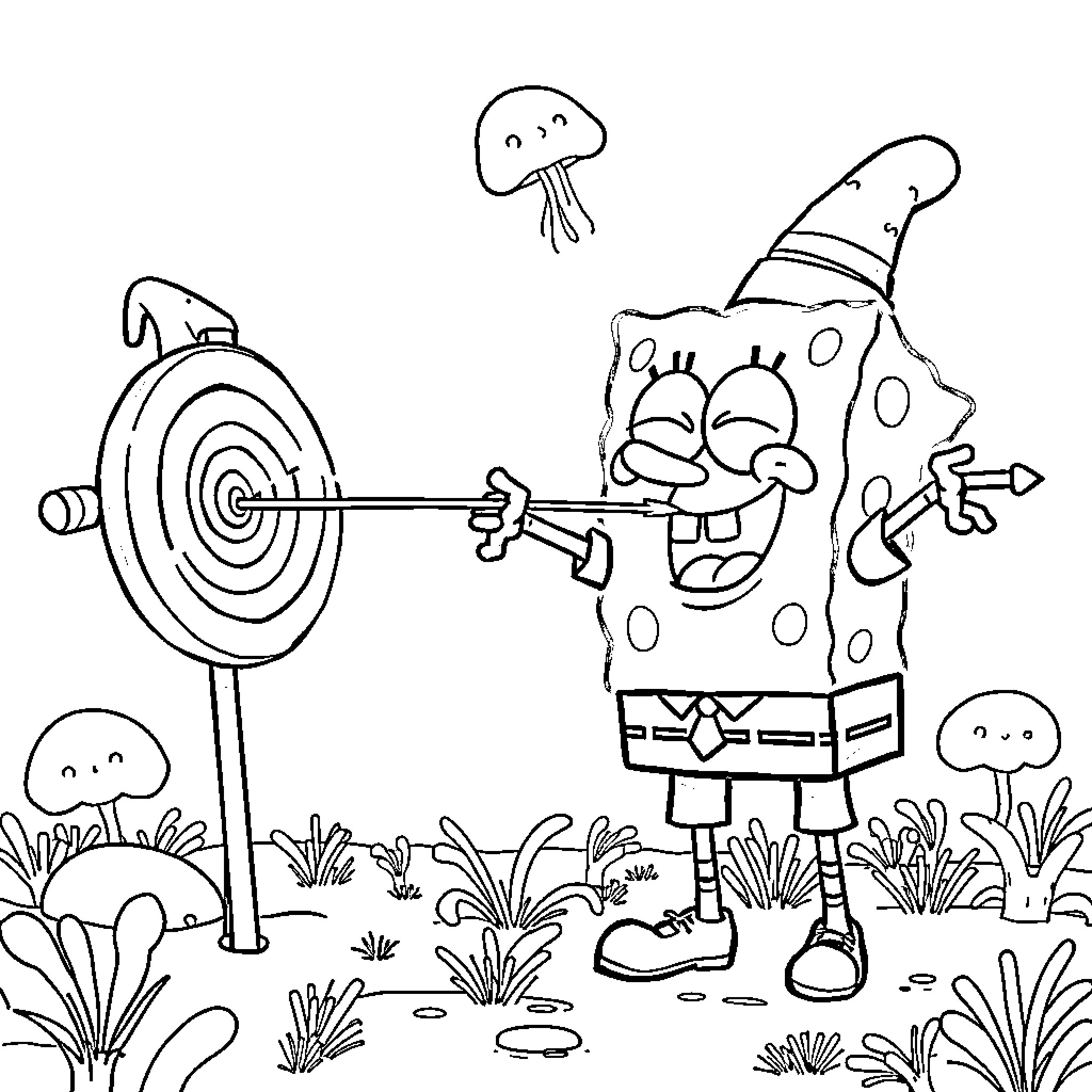 Spongebob aiming a bow and arrow in an outdoor scene Coloring Page (free black-and-white line drawing printable PDF for all, from beginners to advanced learners, including children, teens, adults, and seniors)