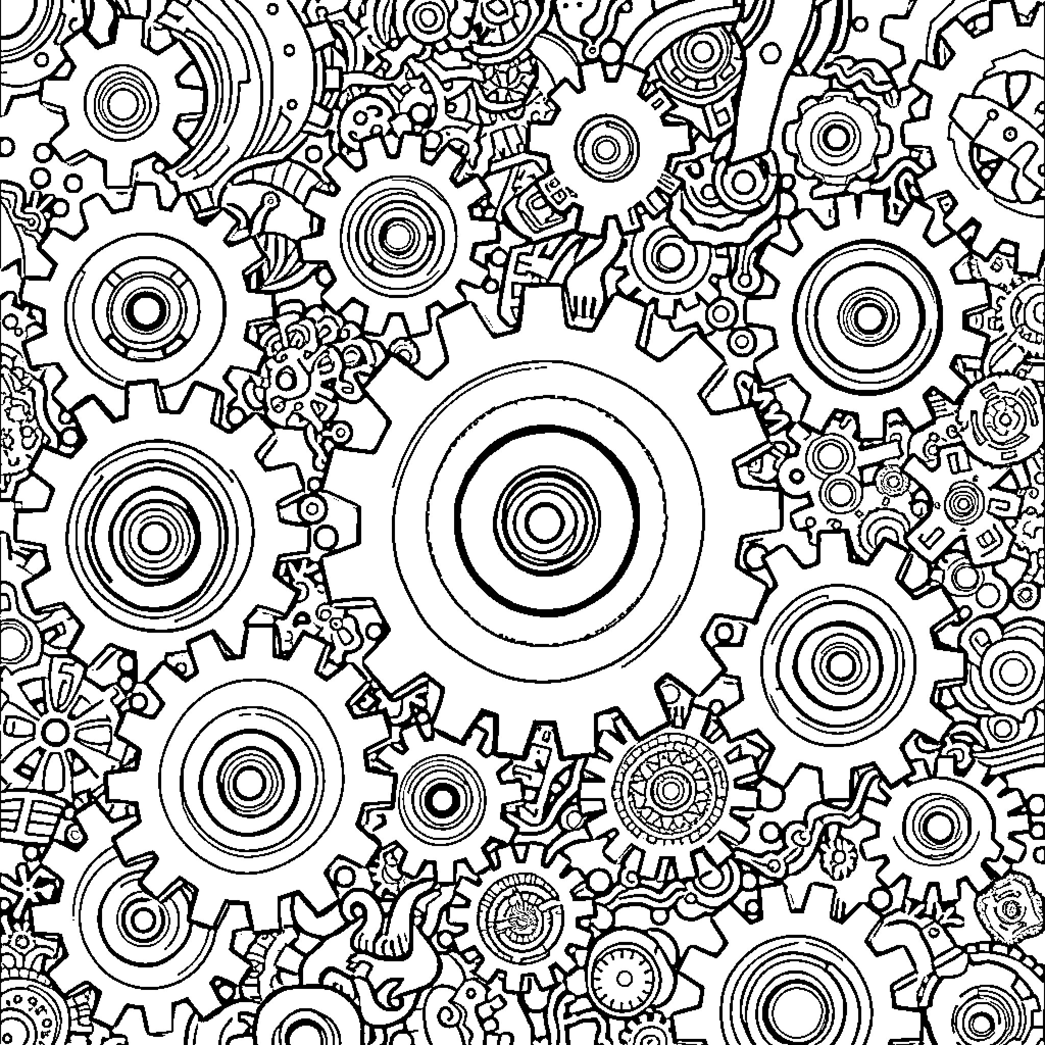 Gear-themed Doodle Frenzy Coloring Page (free black-and-white line drawing printable PDF for all, from beginners to advanced learners, including children, teens, adults, and seniors)