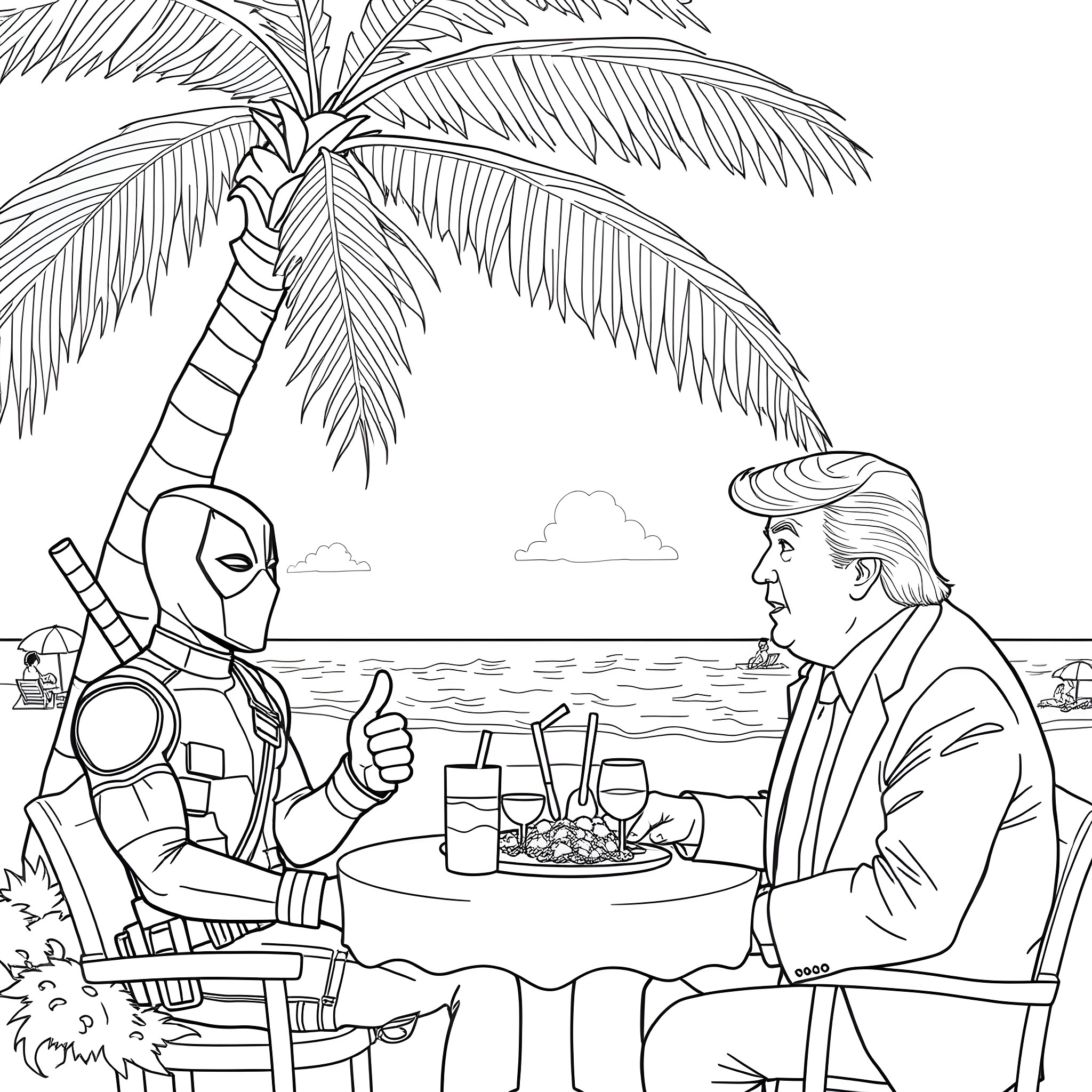 Deadpool Enjoying a Tropical Getaway with Trump Coloring Page (free black-and-white line drawing printable PDF for all, from beginners to advanced learners, including children, teens, adults, and seniors)