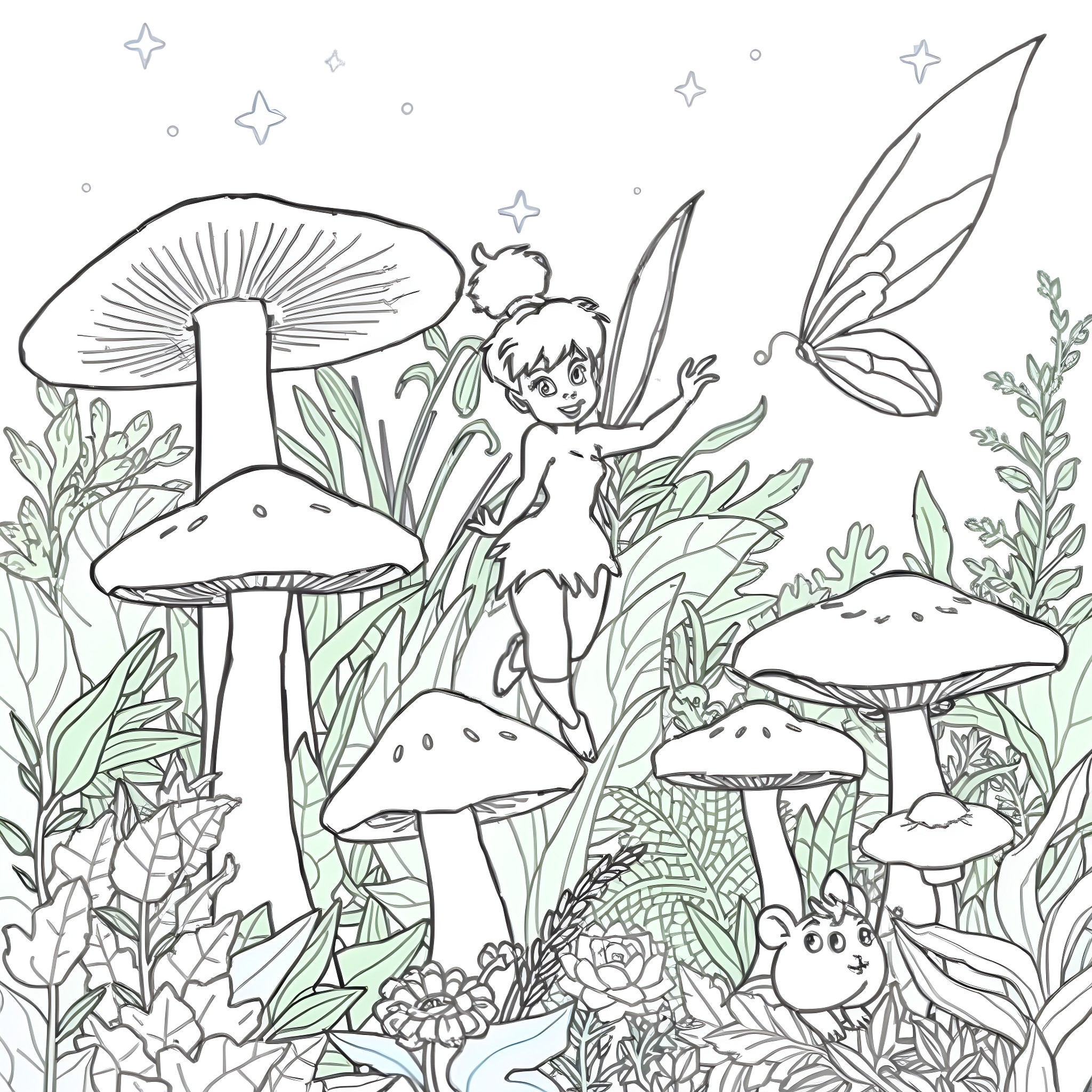 Tinkerbell exploring the enchanted mushroom forest Coloring Page (free black-and-white line drawing printable PDF for all, from beginners to advanced learners, including children, teens, adults, and seniors)
