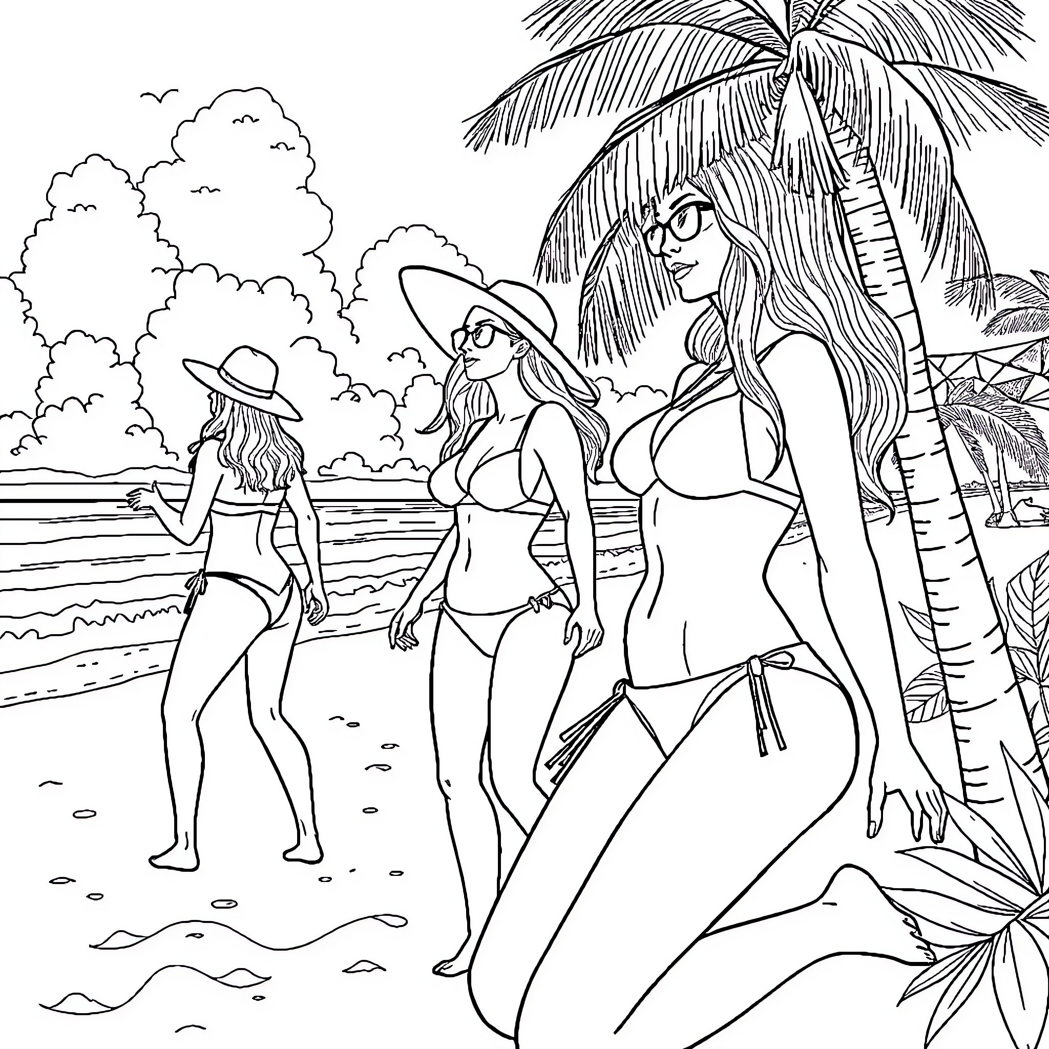 Girls enjoying a sunny day at the beach Coloring Page (free black-and-white line drawing printable PDF for all, from beginners to advanced learners, including children, teens, adults, and seniors)