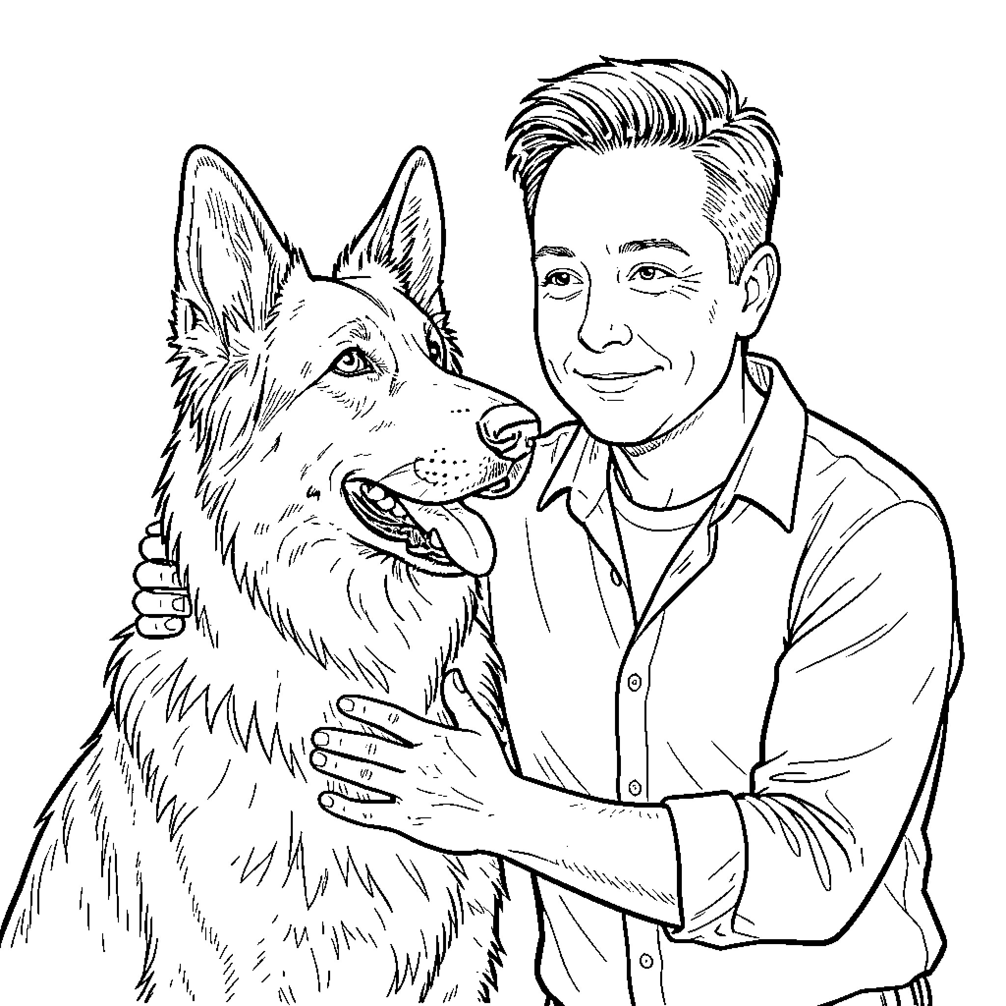German Shepherd being hugged by a smiling young man Coloring Page (free black-and-white line drawing printable PDF for all, from beginners to advanced learners, including children, teens, adults, and seniors)