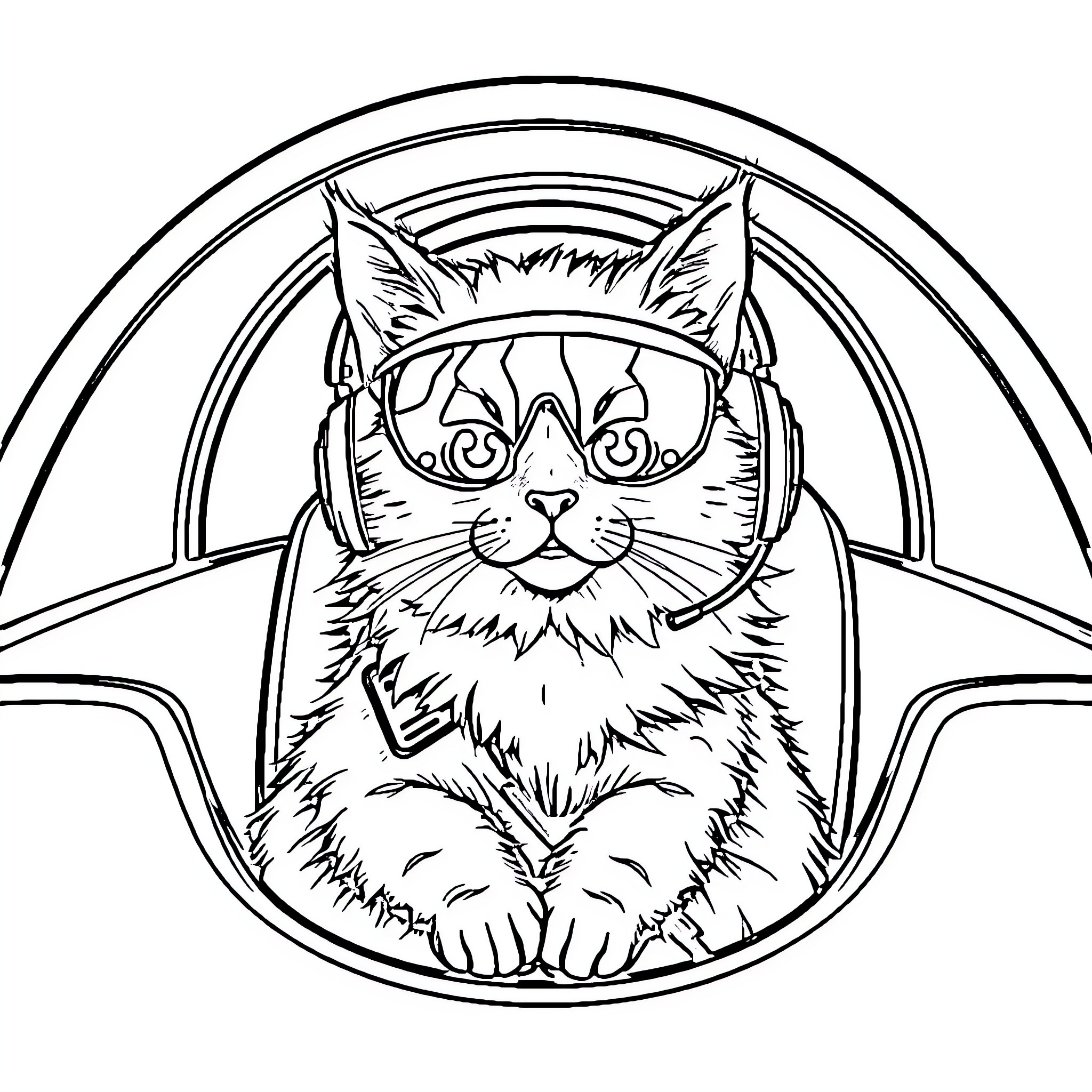 Cat with Glasses in Oval Frame Coloring Page (free black-and-white line drawing printable PDF for all, from beginners to advanced learners, including children, teens, adults, and seniors)