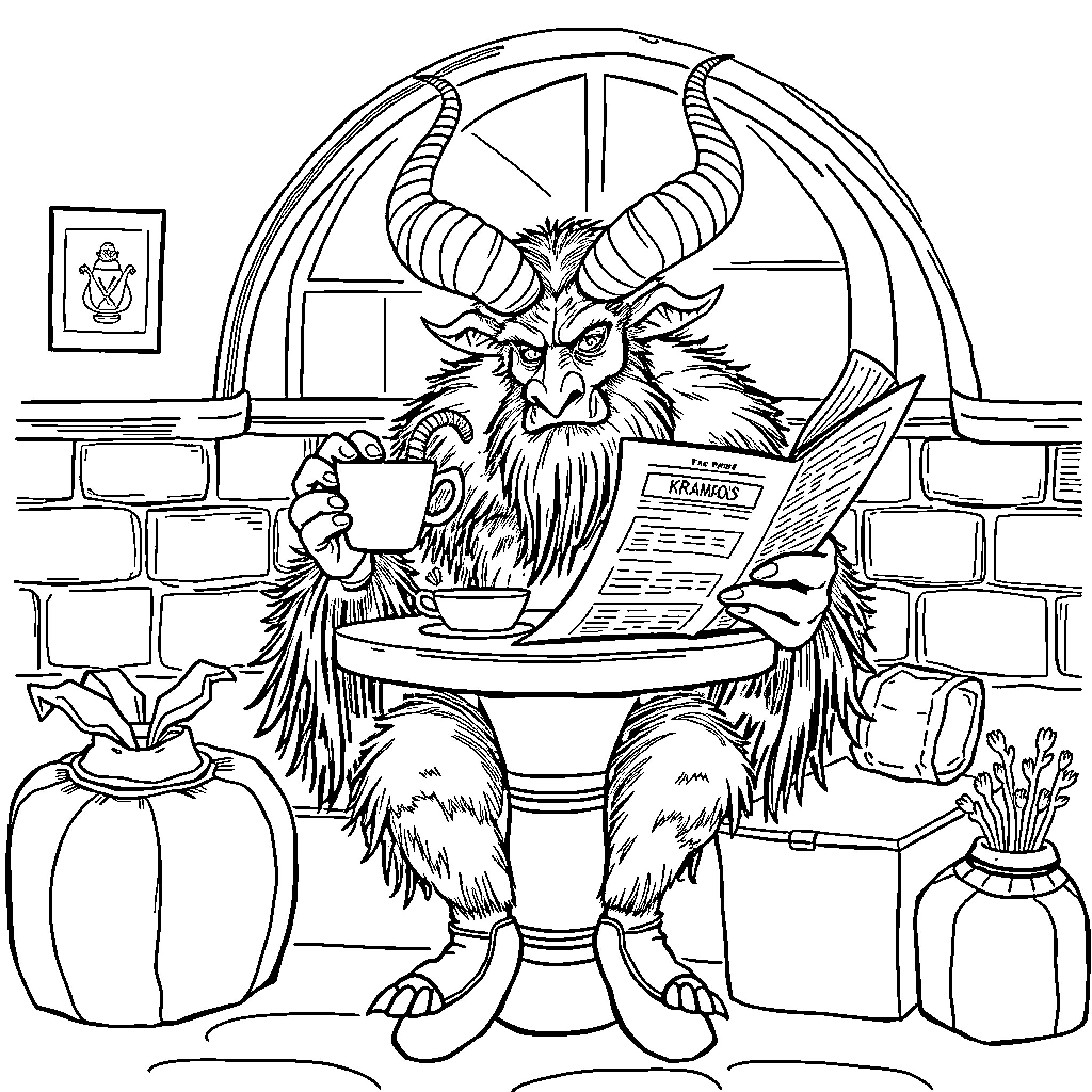 Krampus reading the newspaper in a cozy home Coloring Page (free black-and-white line drawing printable PDF for all, from beginners to advanced learners, including children, teens, adults, and seniors)