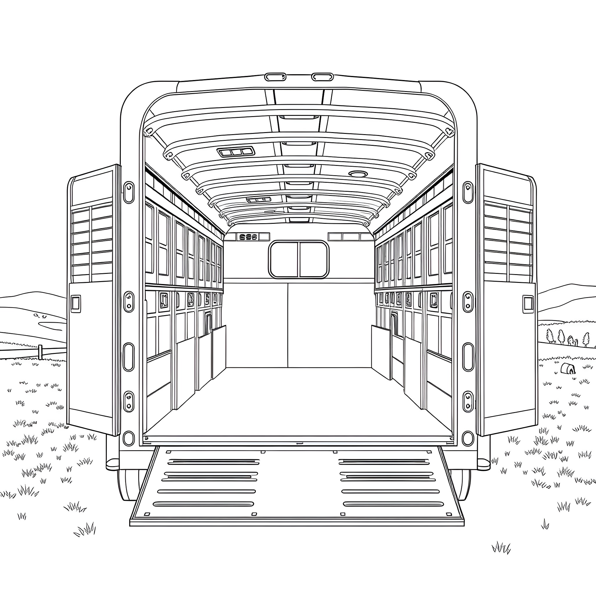 Livestock Trailer with Open Rear Doors in Countryside Coloring Page (free black-and-white line drawing printable PDF for all, from beginners to advanced learners, including children, teens, adults, and seniors)