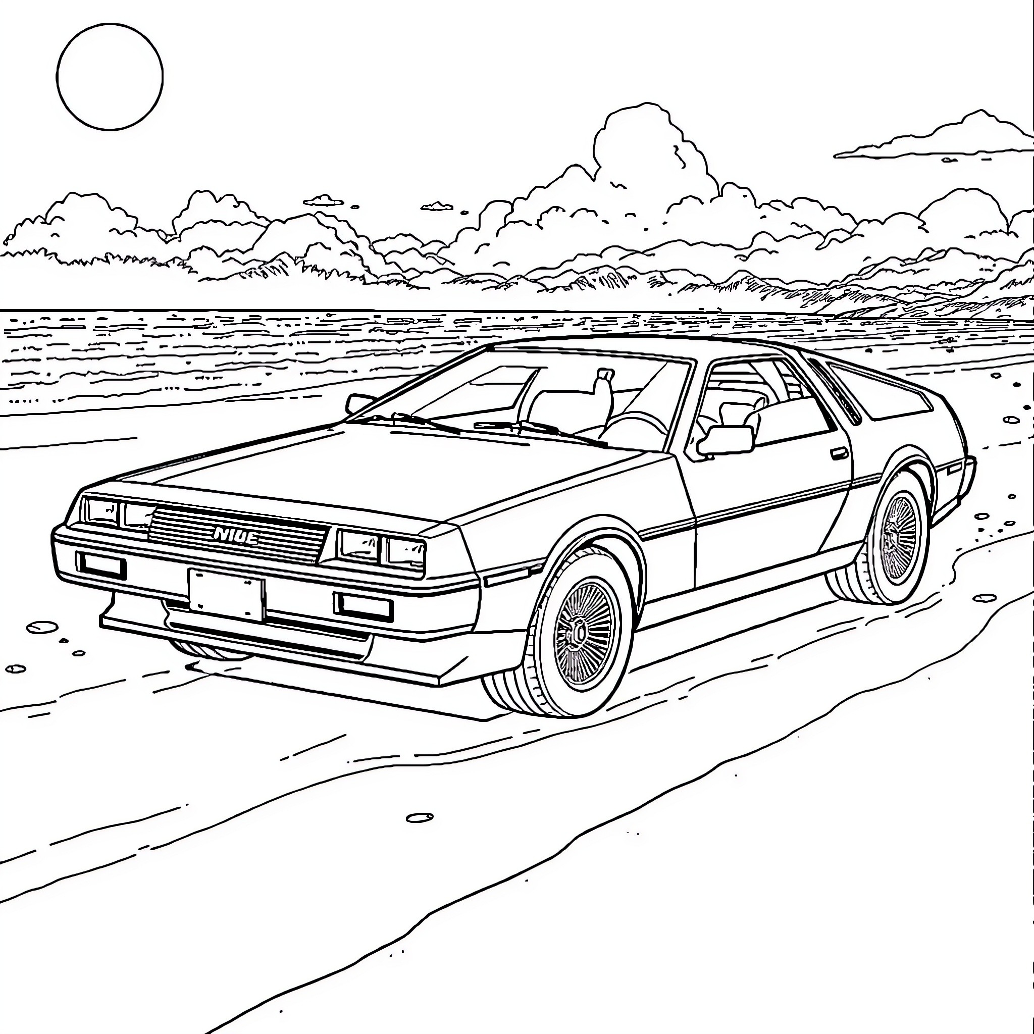 DeLorean time machine on a remote road Coloring Page (free black-and-white line drawing printable PDF for all, from beginners to advanced learners, including children, teens, adults, and seniors)
