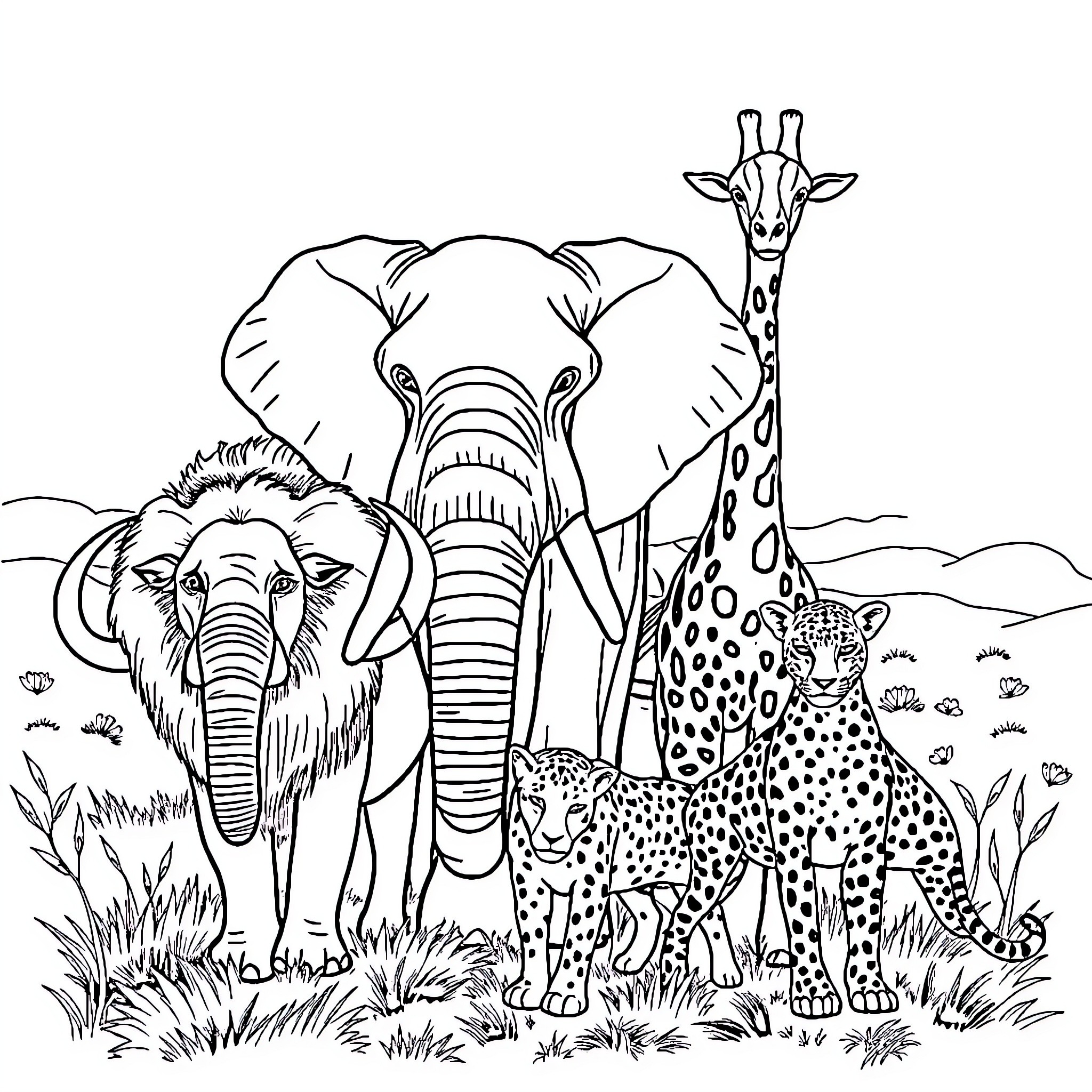 Big Five African Animals in Wilderness Coloring Page (free black-and-white line drawing printable PDF for all, from beginners to advanced learners, including children, teens, adults, and seniors)