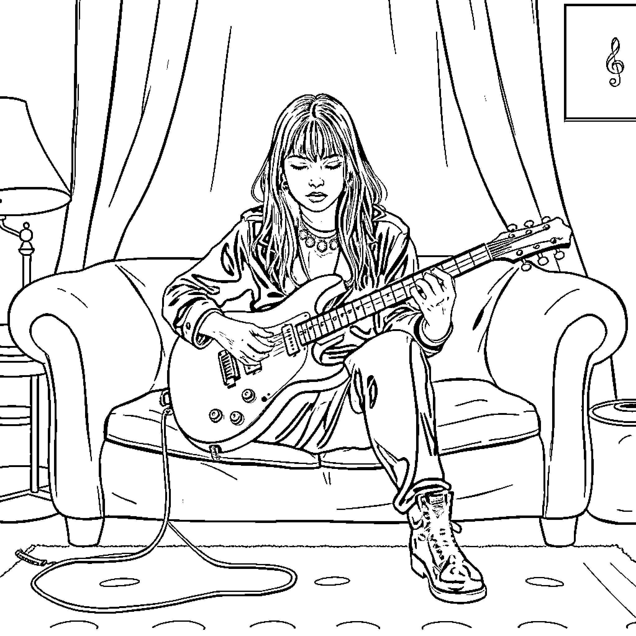 Billie Eilish playing electric guitar in a room Coloring Page (free black-and-white line drawing printable PDF for all, from beginners to advanced learners, including children, teens, adults, and seniors)
