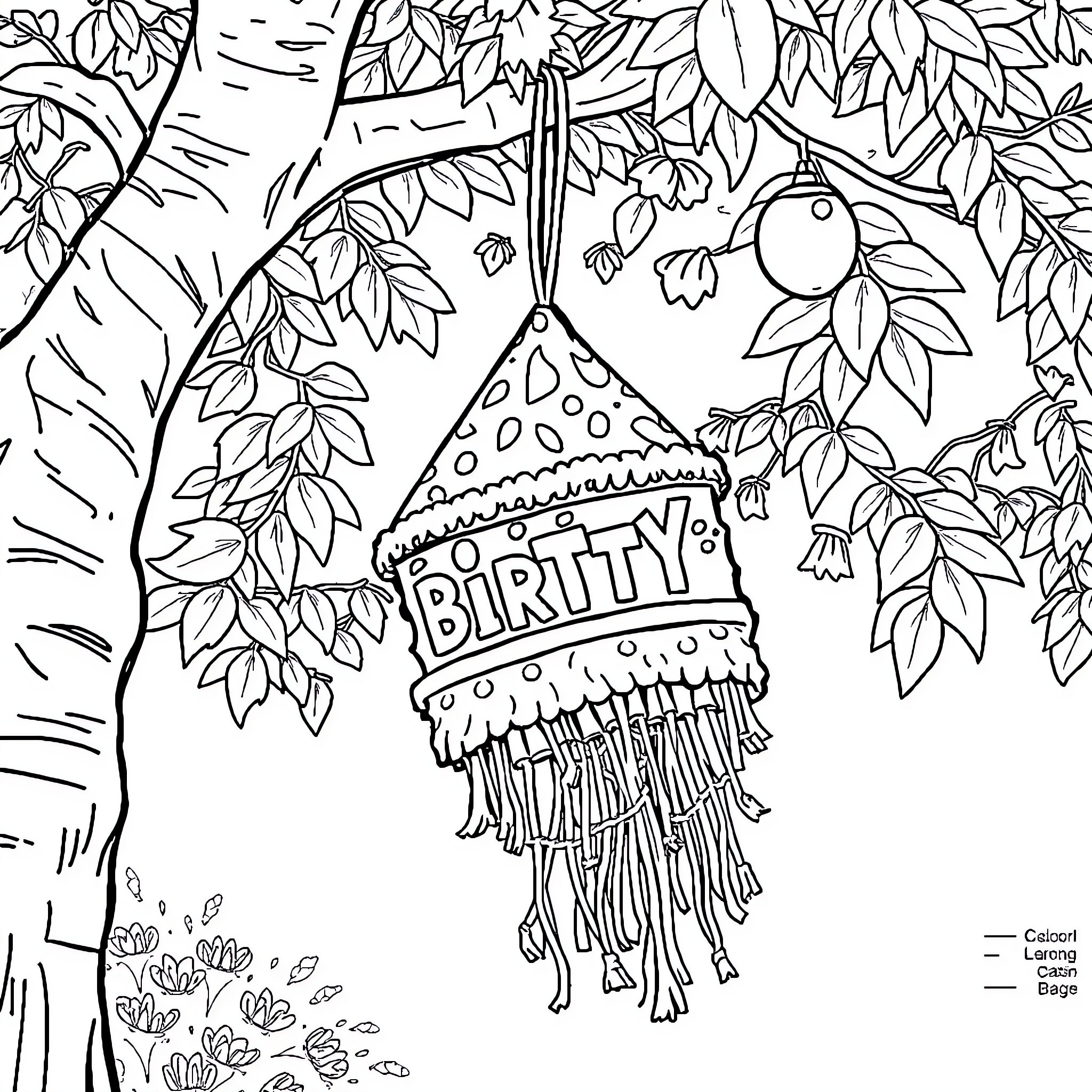 Pinata in a whimsical forest scene Coloring Page (free black-and-white line drawing printable PDF for all, from beginners to advanced learners, including children, teens, adults, and seniors)