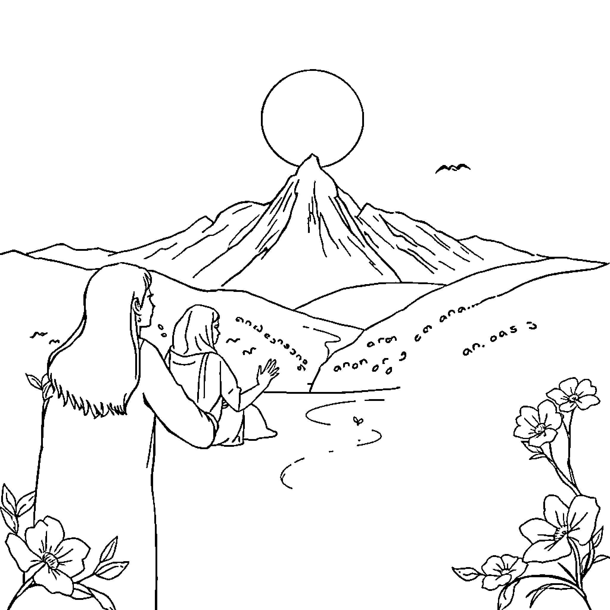 Peace amidst serene mountain landscape Coloring Page (free black-and-white line drawing printable PDF for all, from beginners to advanced learners, including children, teens, adults, and seniors)