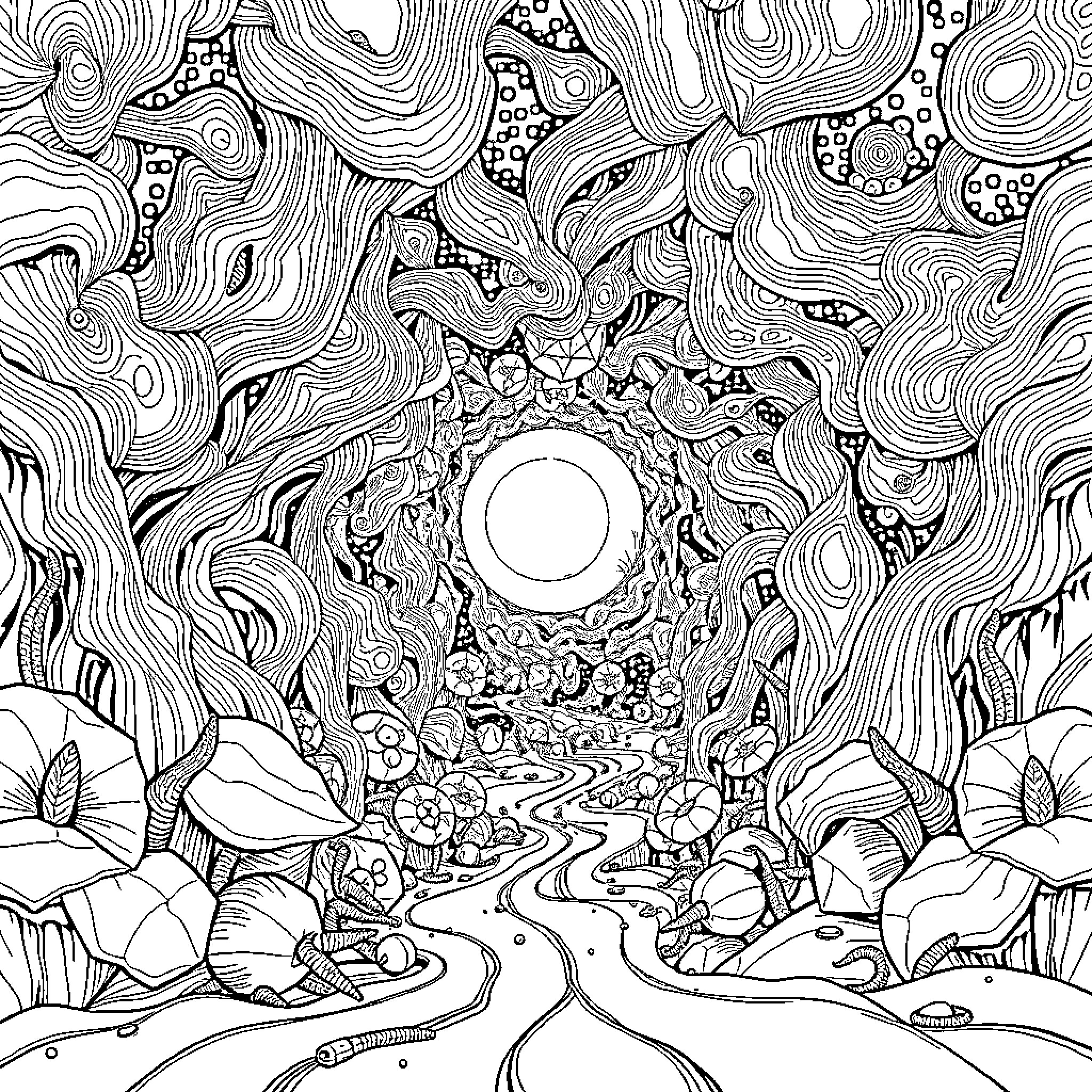 Art of a Surreal Landscape with Abstract Patterns Coloring Page (free black-and-white line drawing printable PDF for all, from beginners to advanced learners, including children, teens, adults, and seniors)