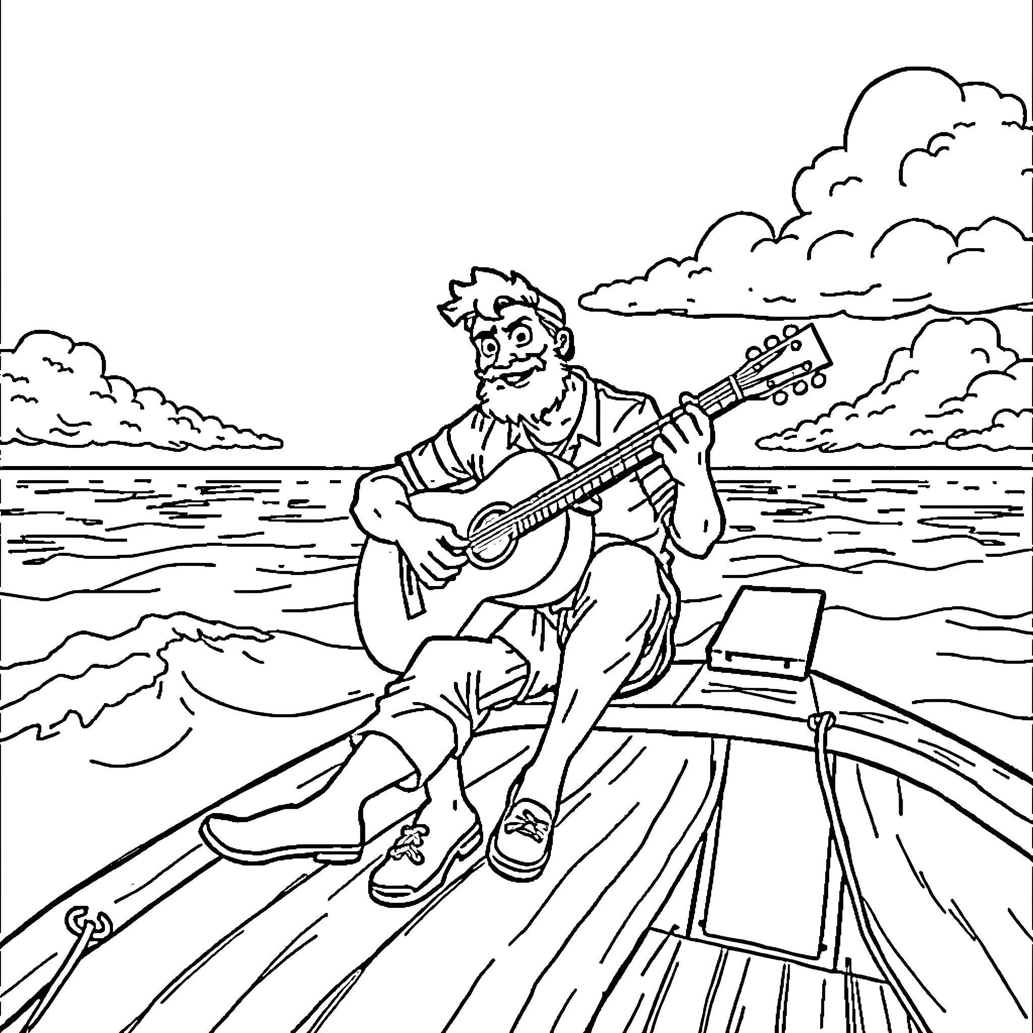 Quint playing guitar on a boat by the sea Coloring Page (free black-and-white line drawing printable PDF for all, from beginners to advanced learners, including children, teens, adults, and seniors)